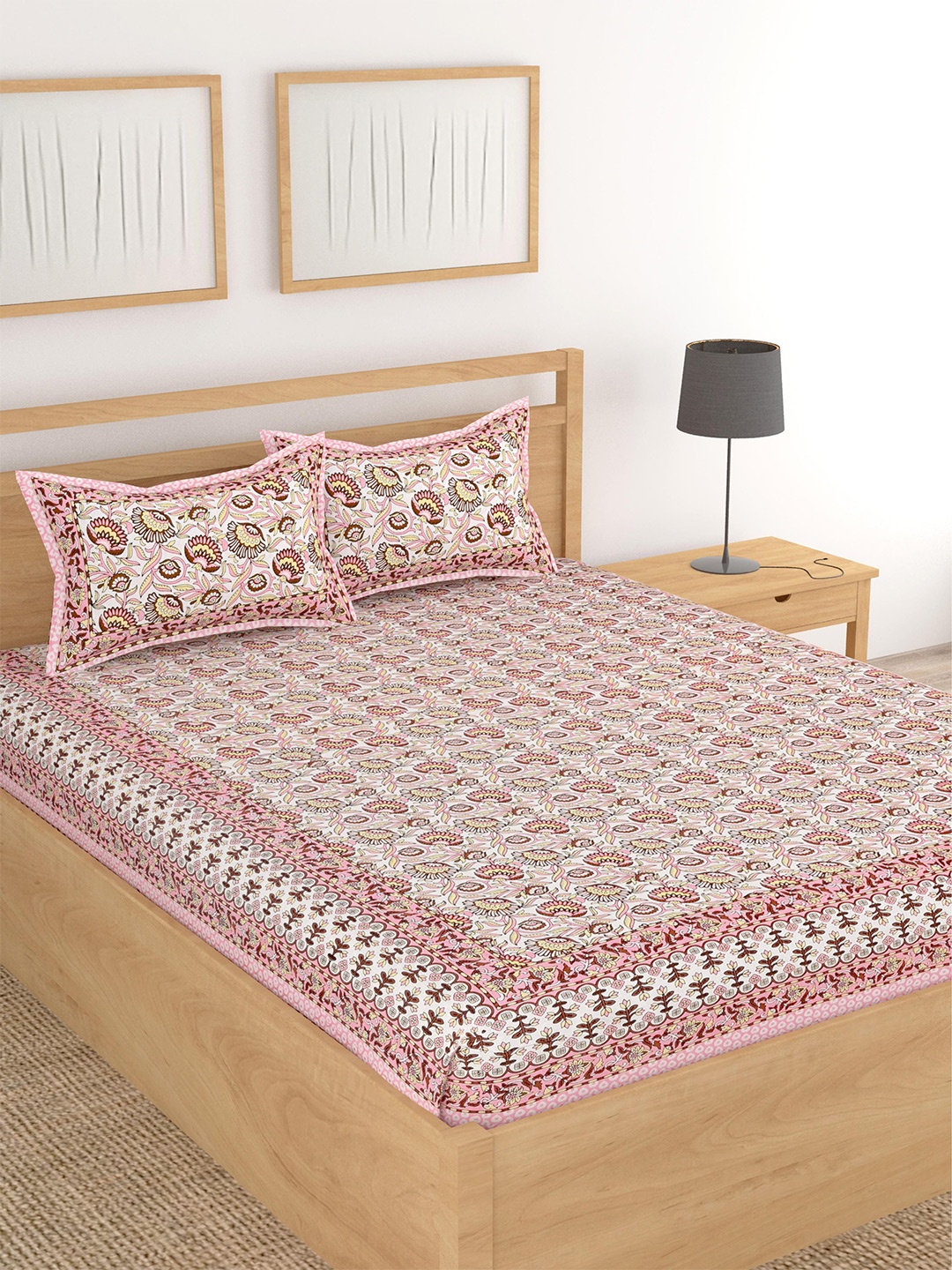 

Lali Prints Pink & White Floral Cotton 210 TC King Bedsheet with 2 Pillow Covers