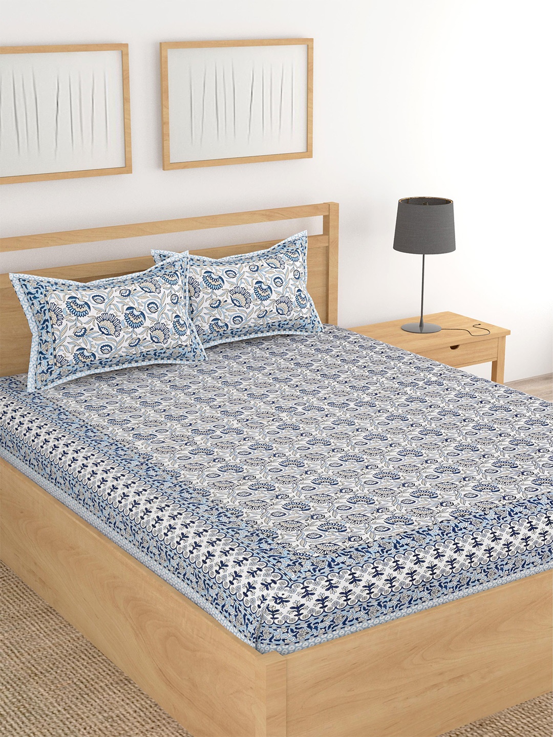 Lali Prints White & Blue Floral Printed 210 TC King Bedsheet With 2 Pillow Covers