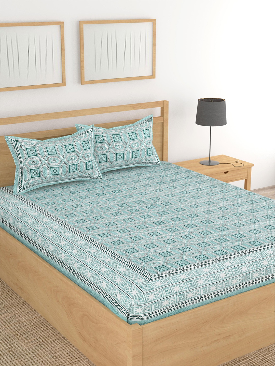 

Lali Prints Green Geometric Printed 210 TC King Bedsheet With 2 Pillow Covers