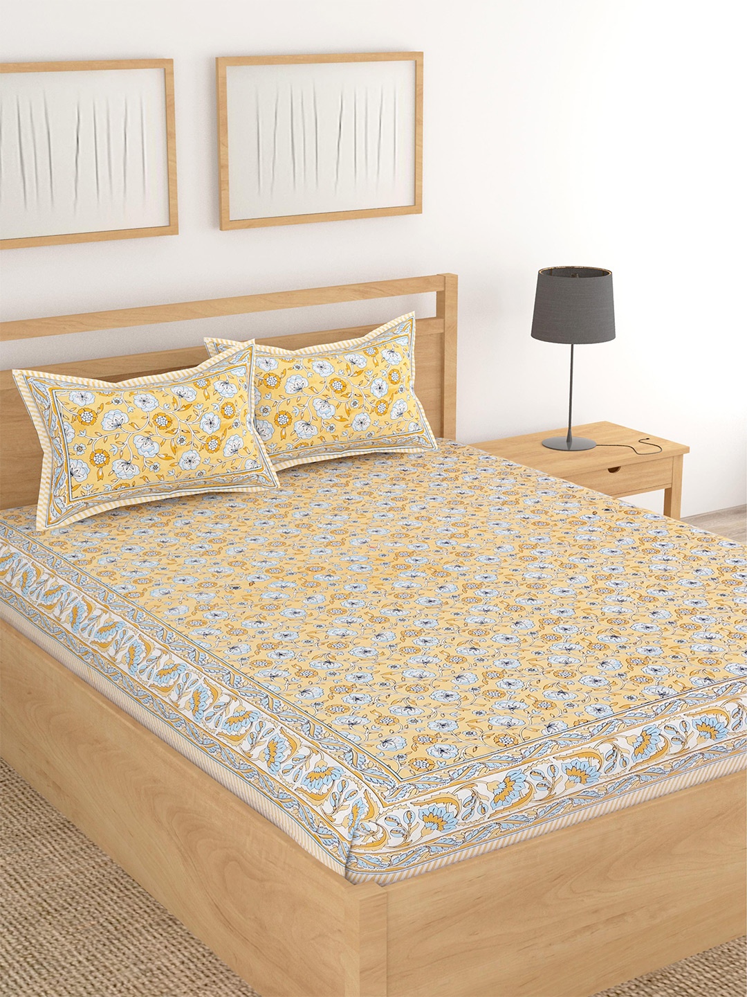 

Lali Prints Yellow Floral Cotton 210 TC King Bedsheet with 2 Pillow Covers