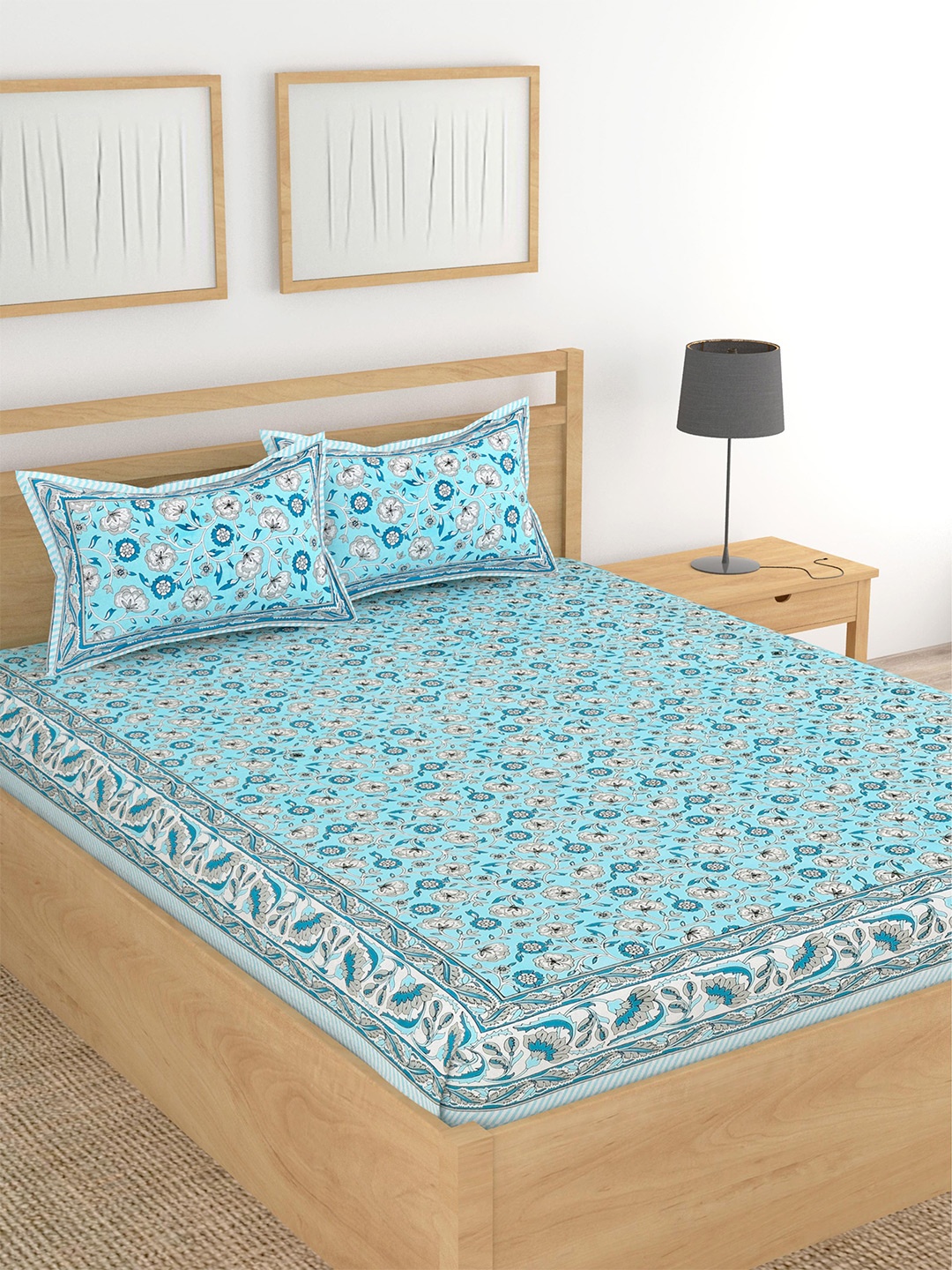 

Lali Prints Blue Floral Cotton 210 TC King Bedsheet with 2 Pillow Covers