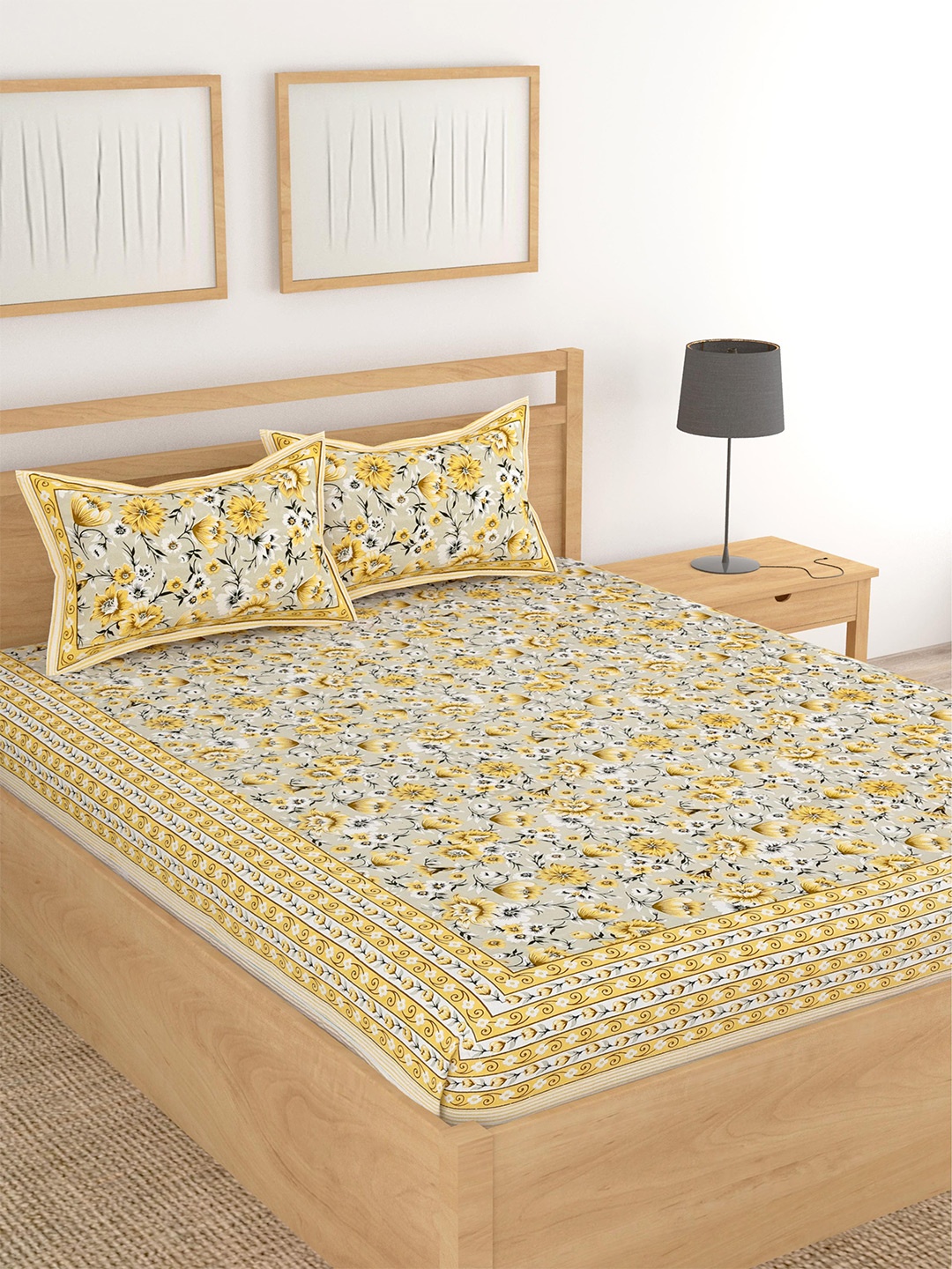 

Lali Prints Brown & Yellow Floral Cotton 210 TC King Bedsheet with 2 Pillow Covers