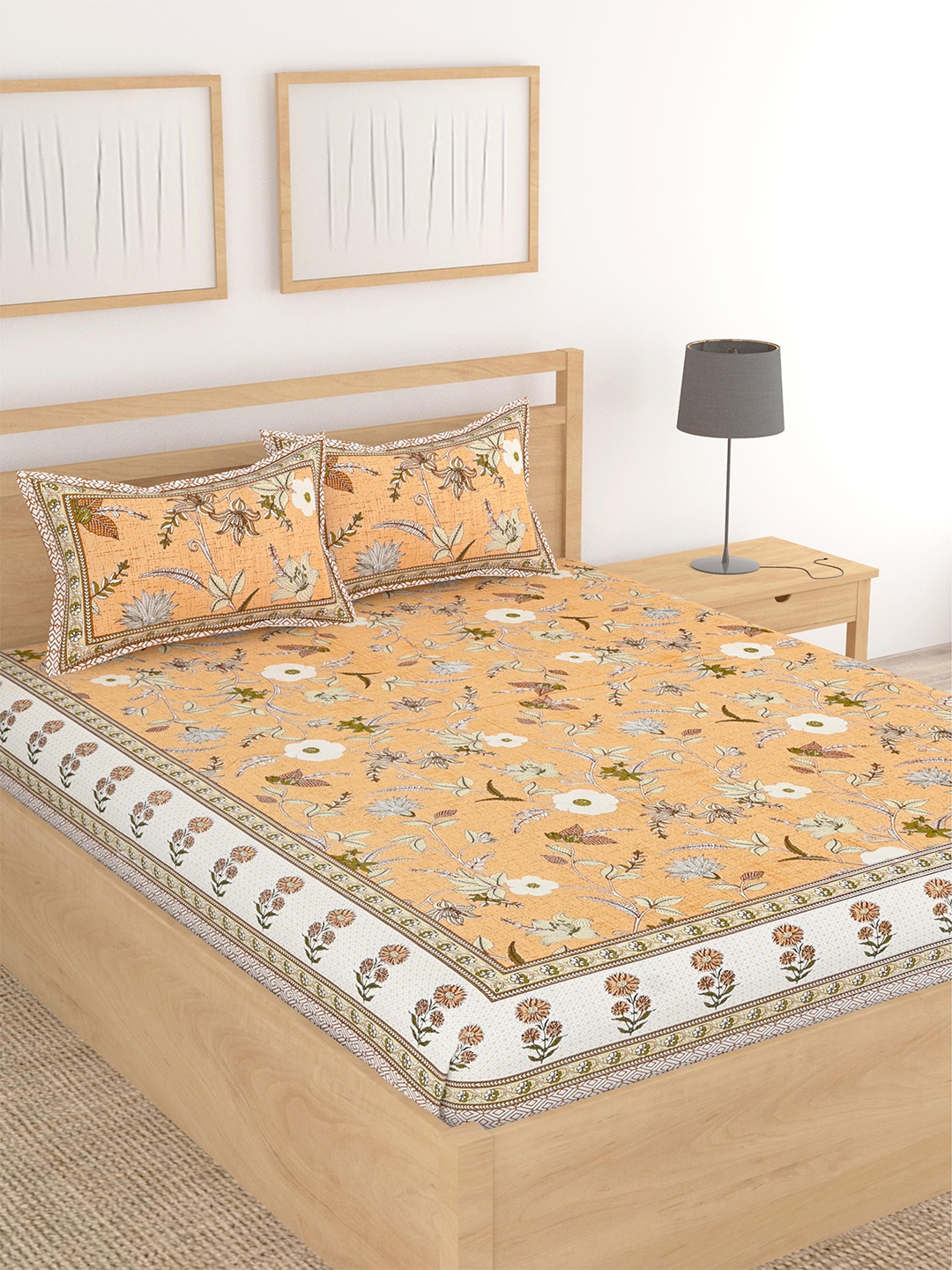 

Lali Prints Brown & White Floral Cotton 210 TC King Bedsheet with 2 Pillow Covers