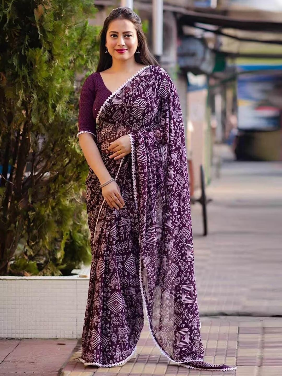 

RadadiyaTRD Ethnic Motifs Printed Mirror Work Pure Georgette Saree, Magenta