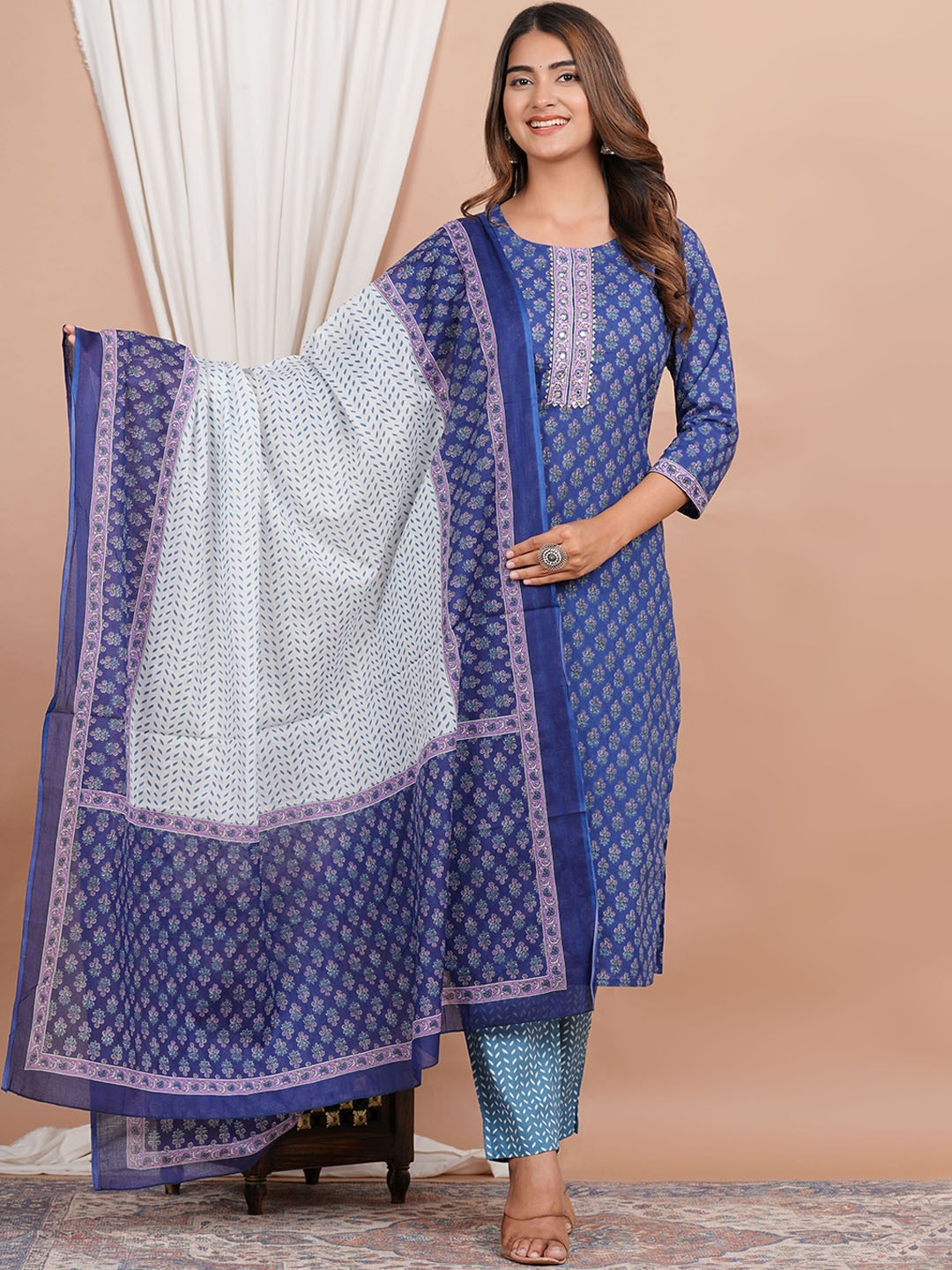 

ZOYOTO Floral Printed Gotta Patti Pure Cotton Kurta With Trouser & Dupatta, Navy blue