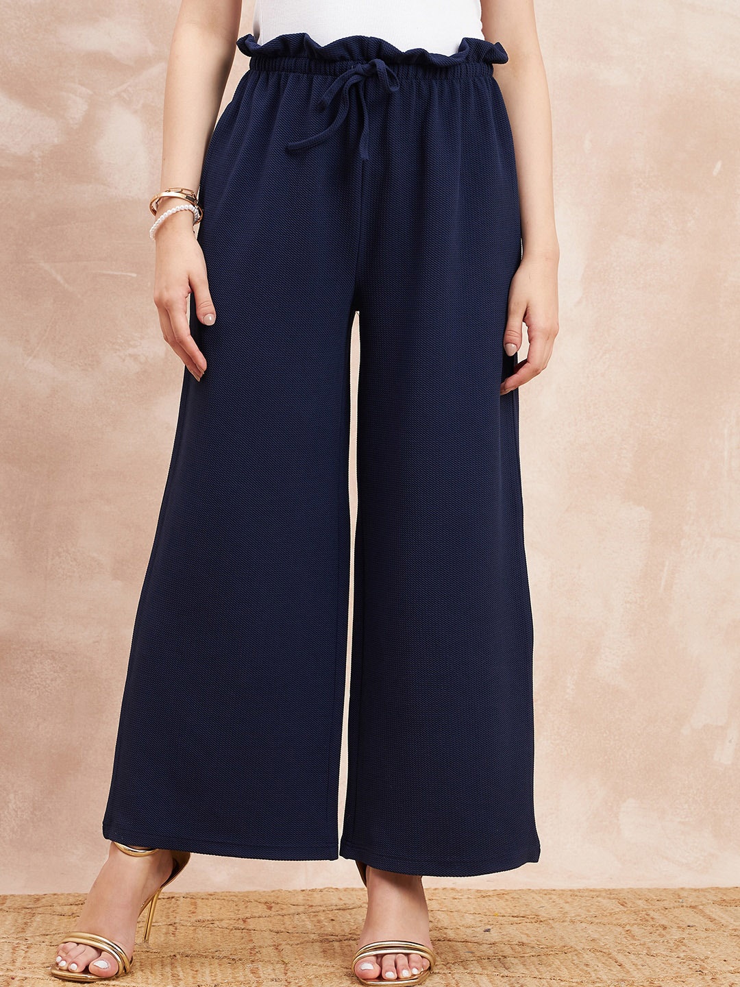 

all about you Women Navy Blue Comfort Flared High-Rise Pleated Parallel Trousers