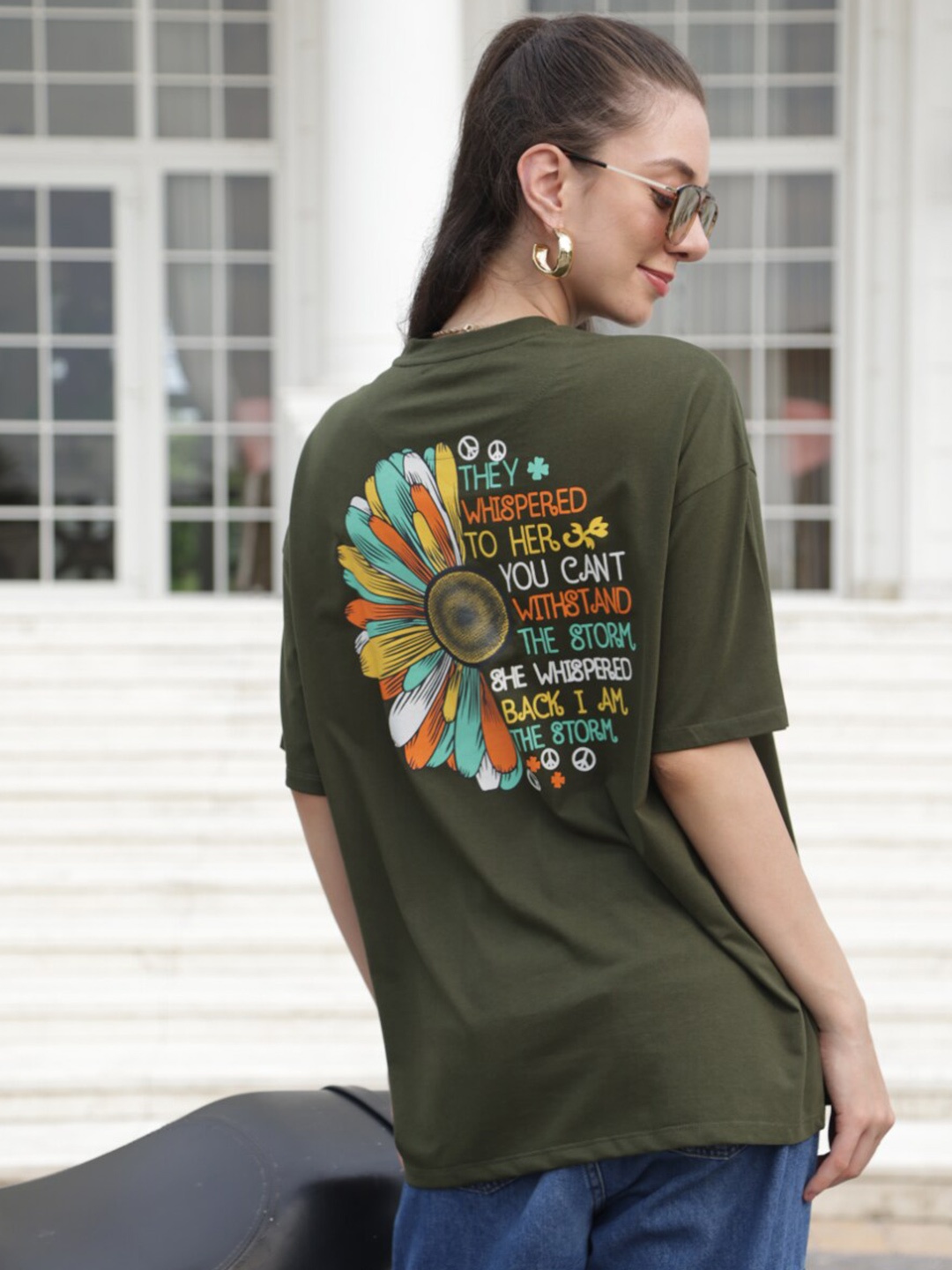 

TITTLI Typography Printed Drop-Shoulder Sleeves Pure Cotton Boxy T-shirt, Green