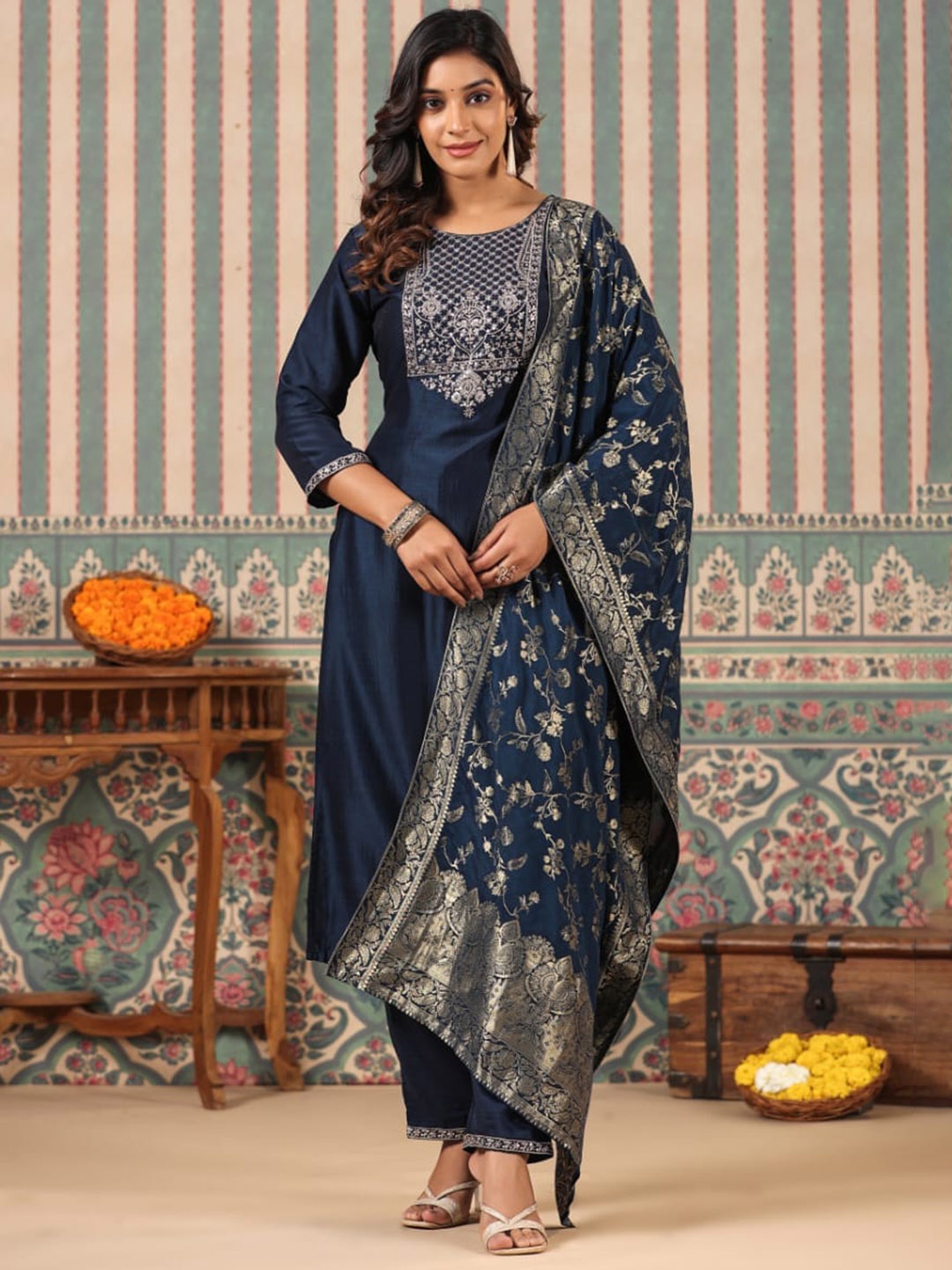 

KAJREE Floral Embroidered Sequined Kurta With Trouser & Dupatta, Blue