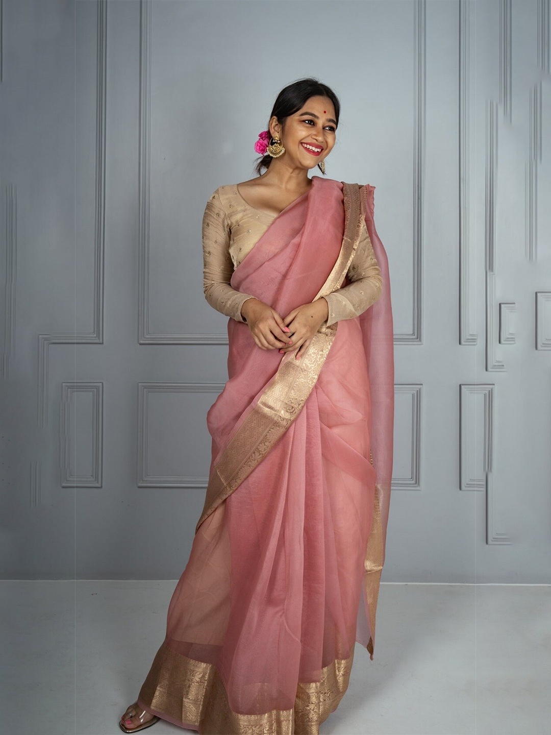 

Jinal & Jinal Zari Organza Banarasi Saree, Peach