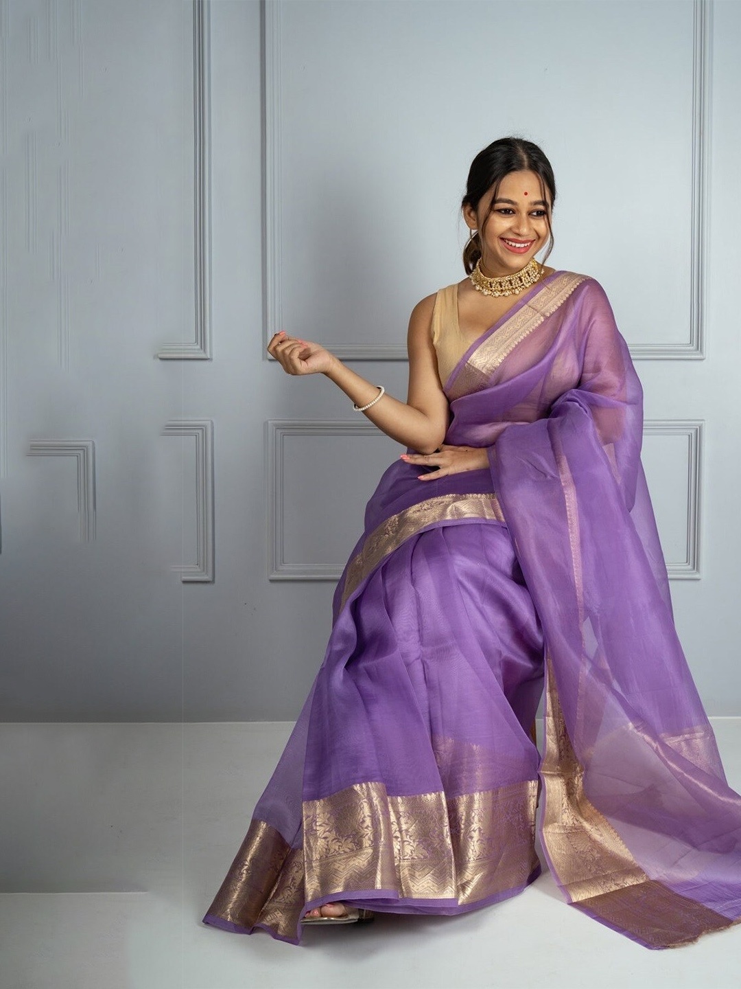 

Jinal & Jinal Zari Organza Banarasi Saree, Purple