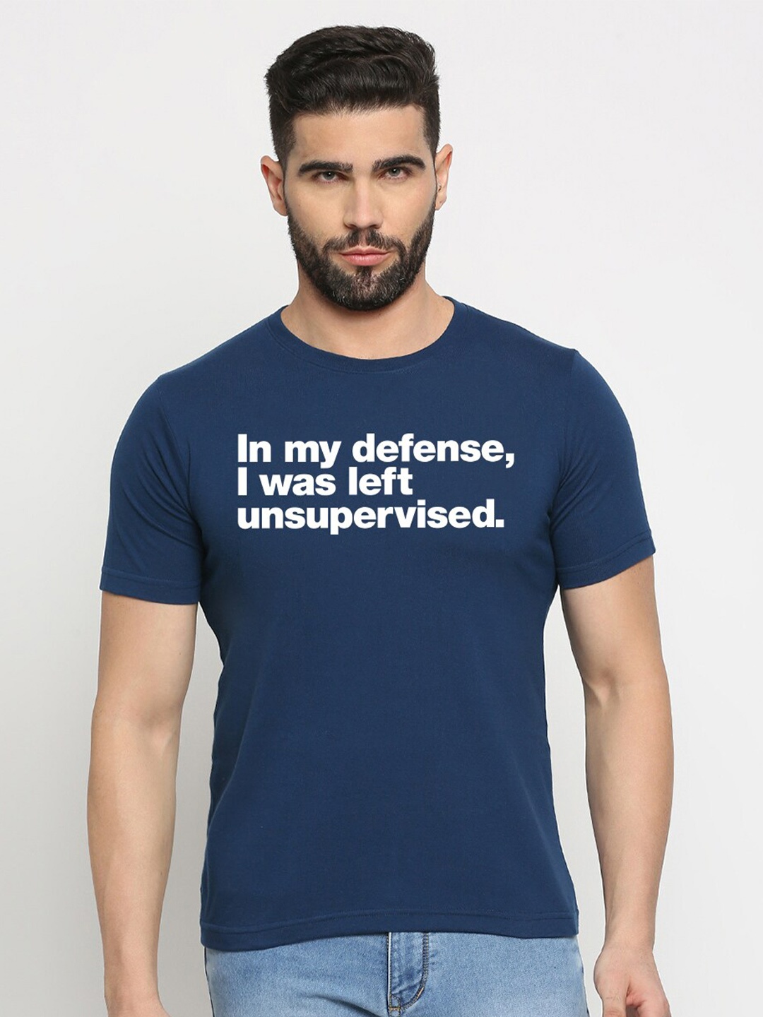 MOD ECRU Unisex Typography Printed Regular Fit Cotton T-shirt, Blue