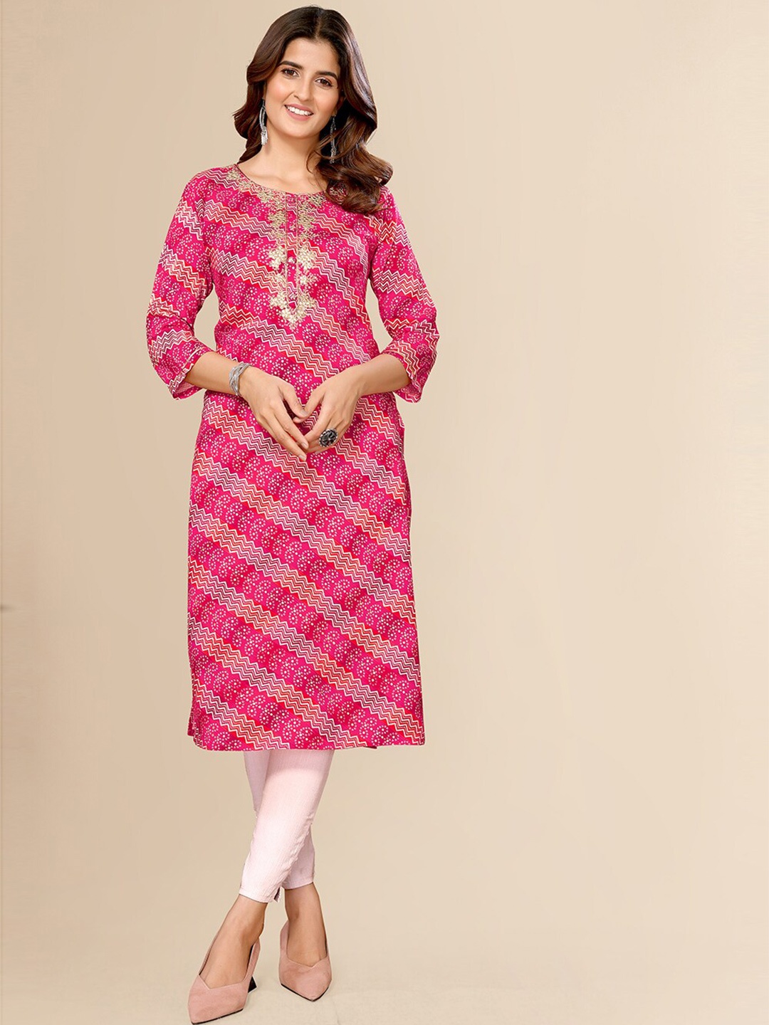 

FABMORA Bandhani Print Zari Indie Prints Cotton Straight Kurta, Pink