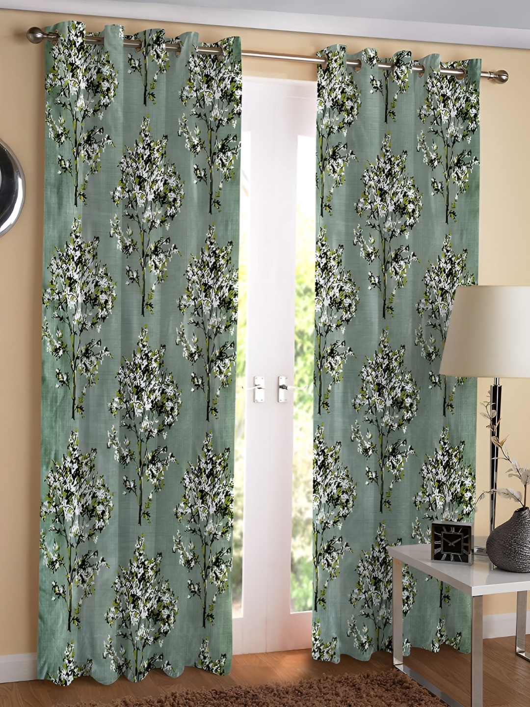 

REYANSH DECOR Green & Grey 2 Pieces Floral Printed Door Curtains