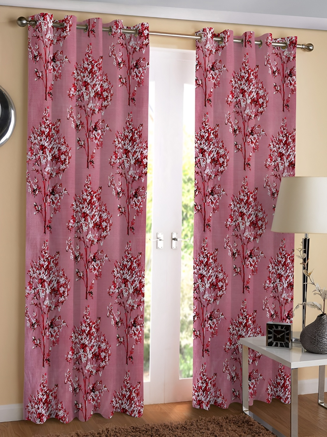 REYANSH DECOR Maroon & White 2 Pieces Floral Door Curtain