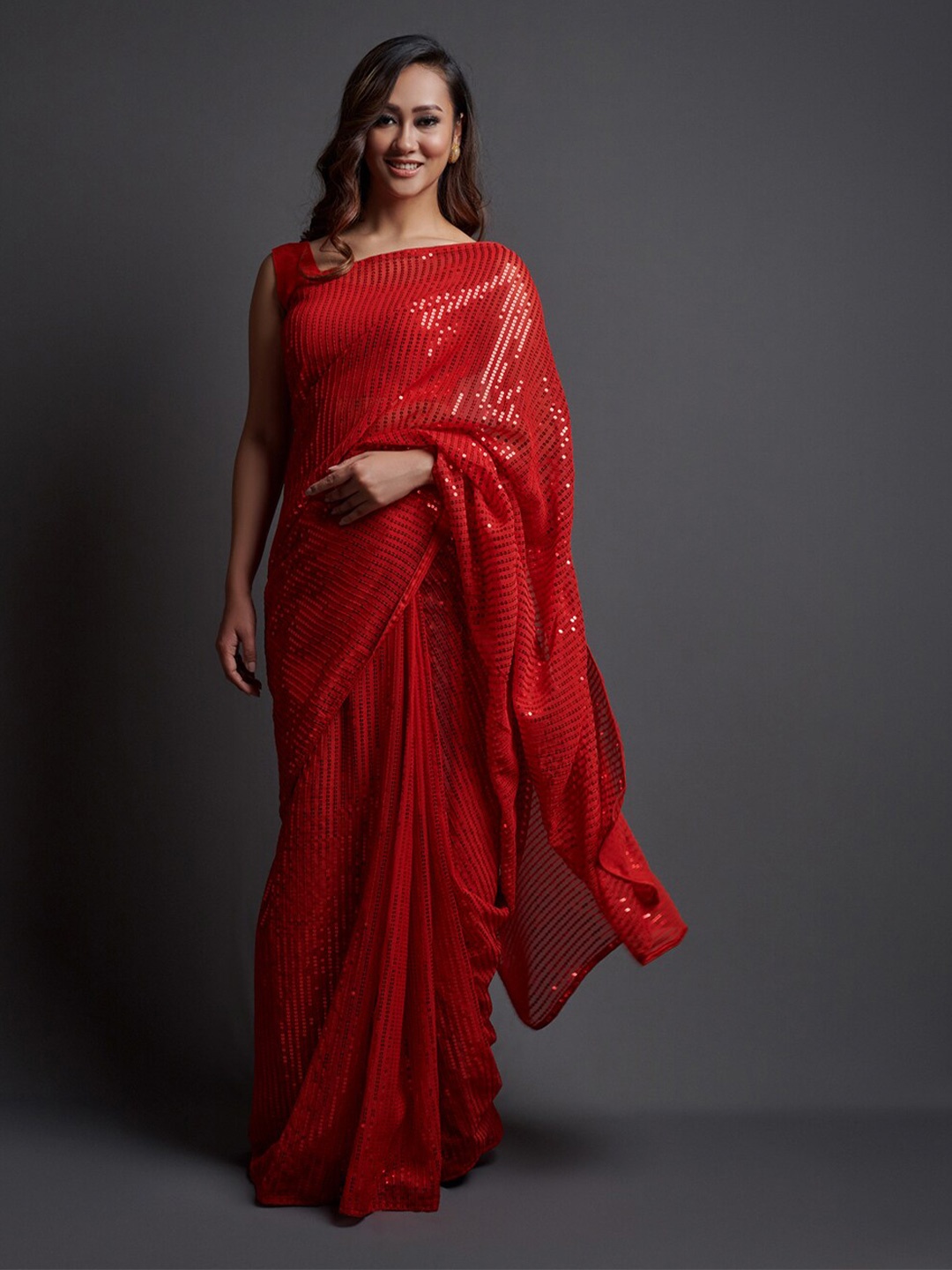 

B Bella Creation Embellished Sequinned Saree, Red