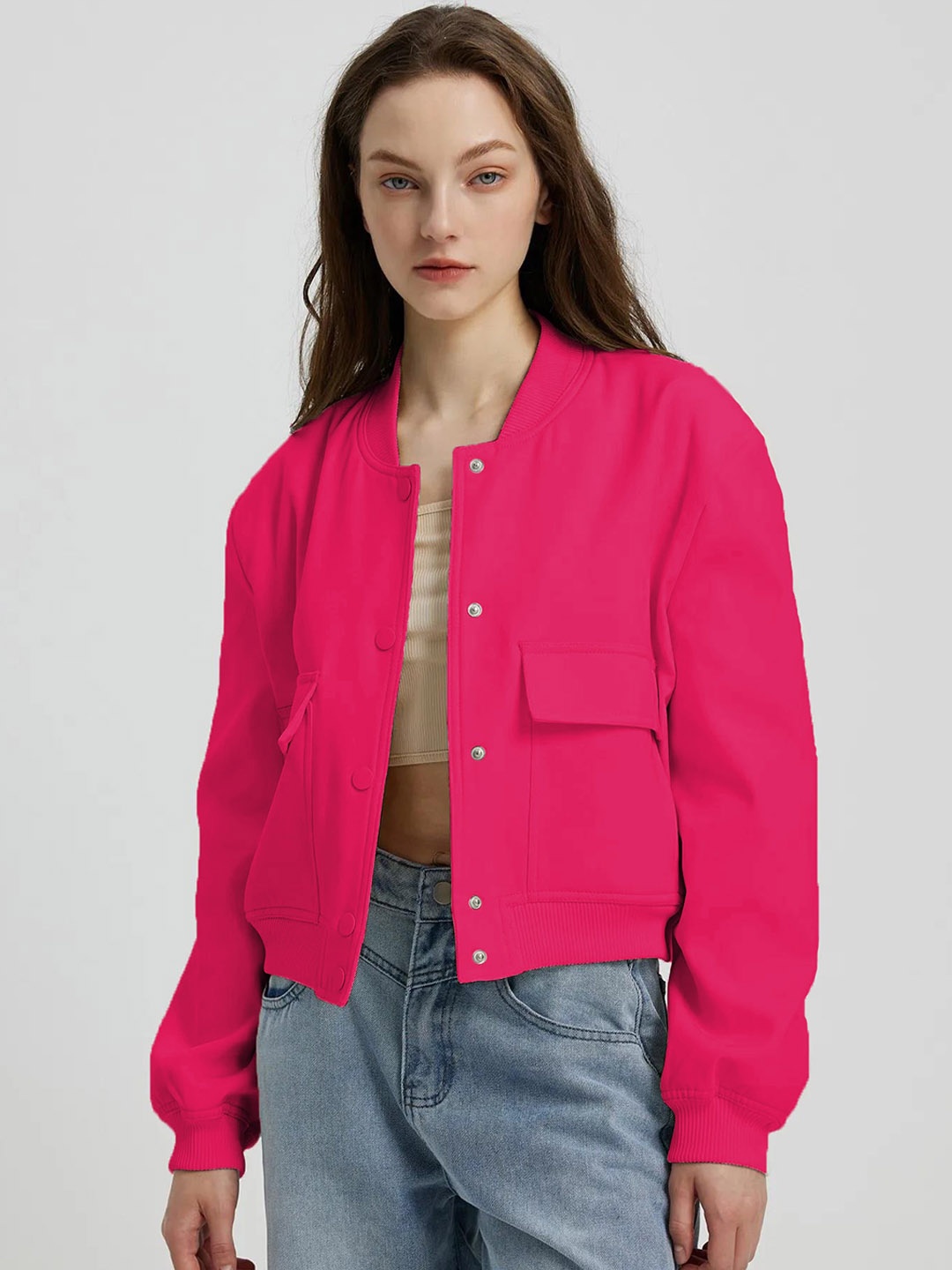

Kotty Stand Collar Fleece Bomber Jacket, Pink