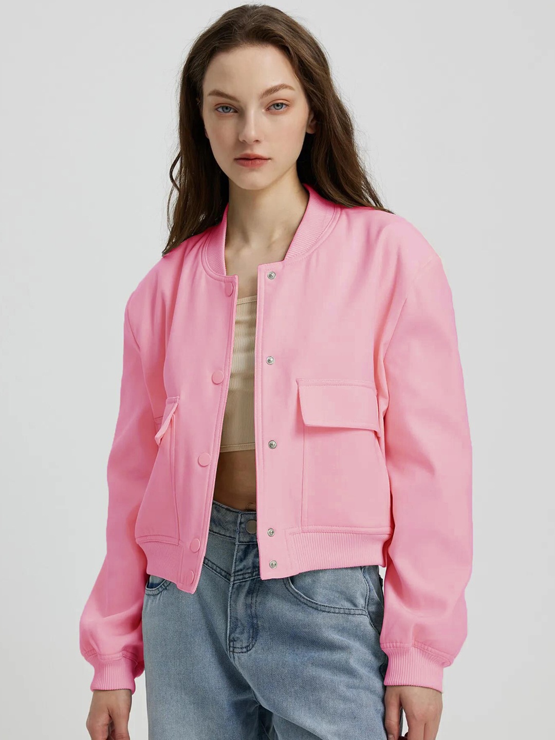 

Kotty Stand Collar Fleece Bomber Jacket, Pink