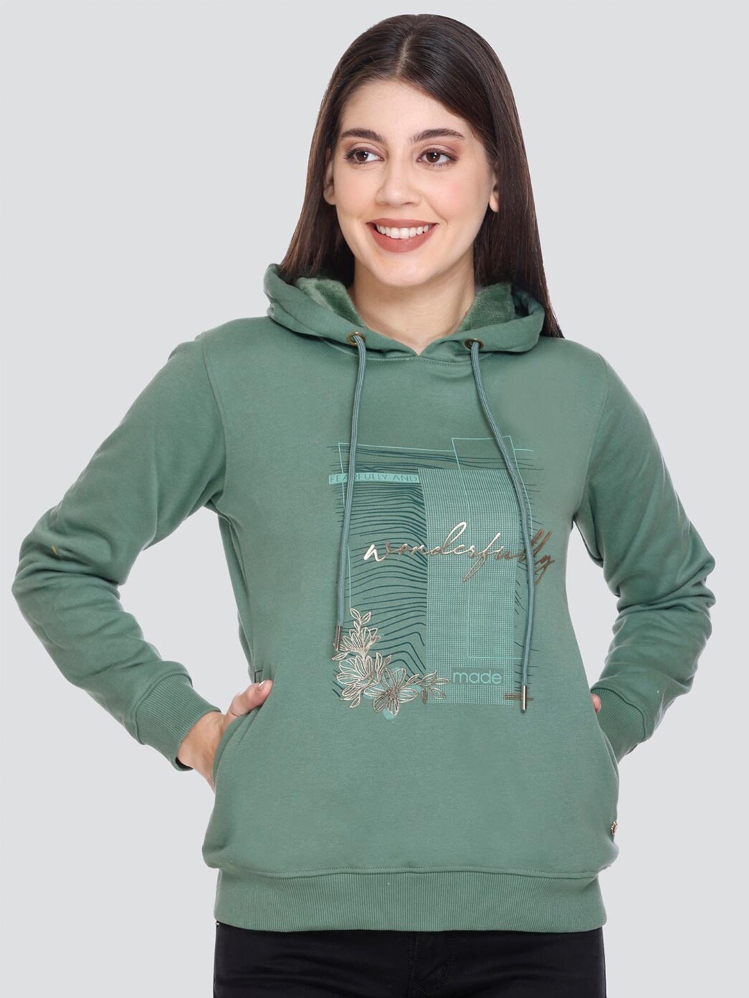 

PEPLS Graphic Printed Hooded Fleece Sweatshirt, Green