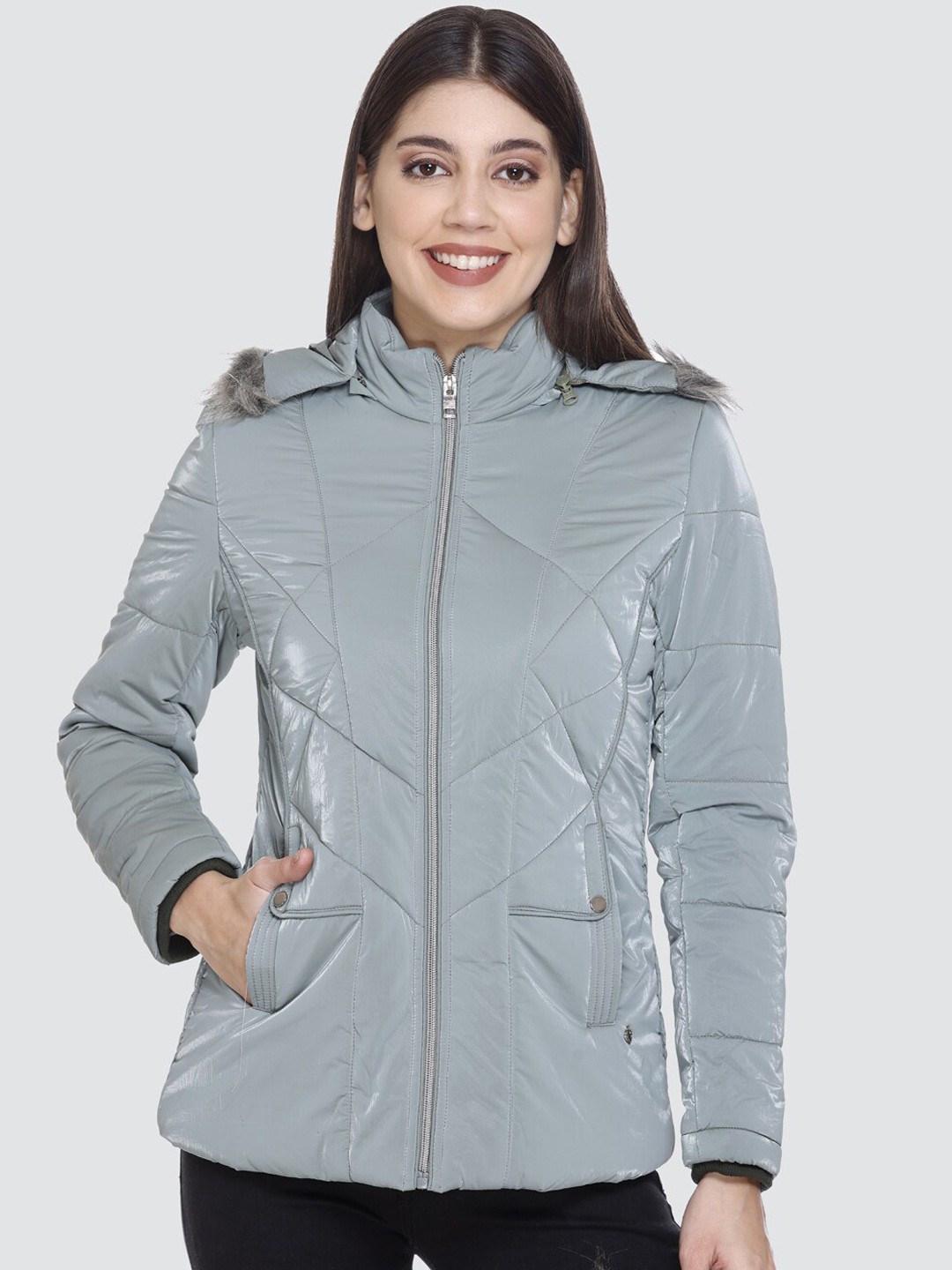 

PEPLS Long Sleeves Hooded Faux Fur Trim Padded Jacket, Green