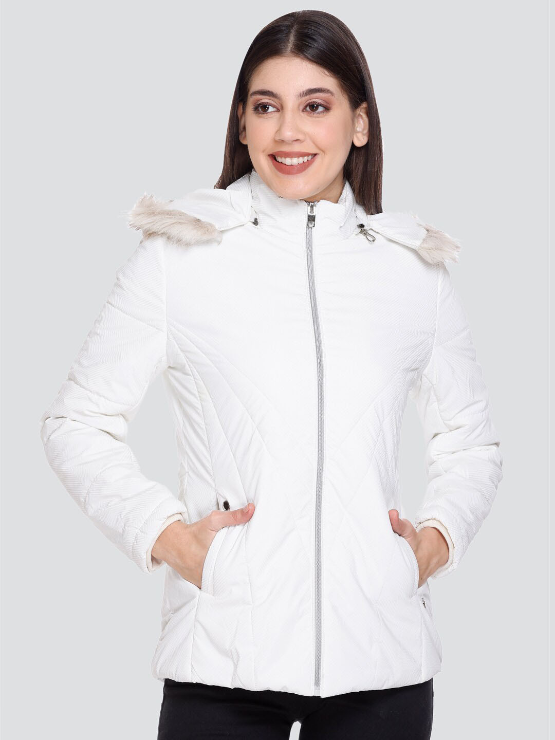 

PEPLS Long Sleeves Hooded Faux Fur Trim Padded Jacket, White