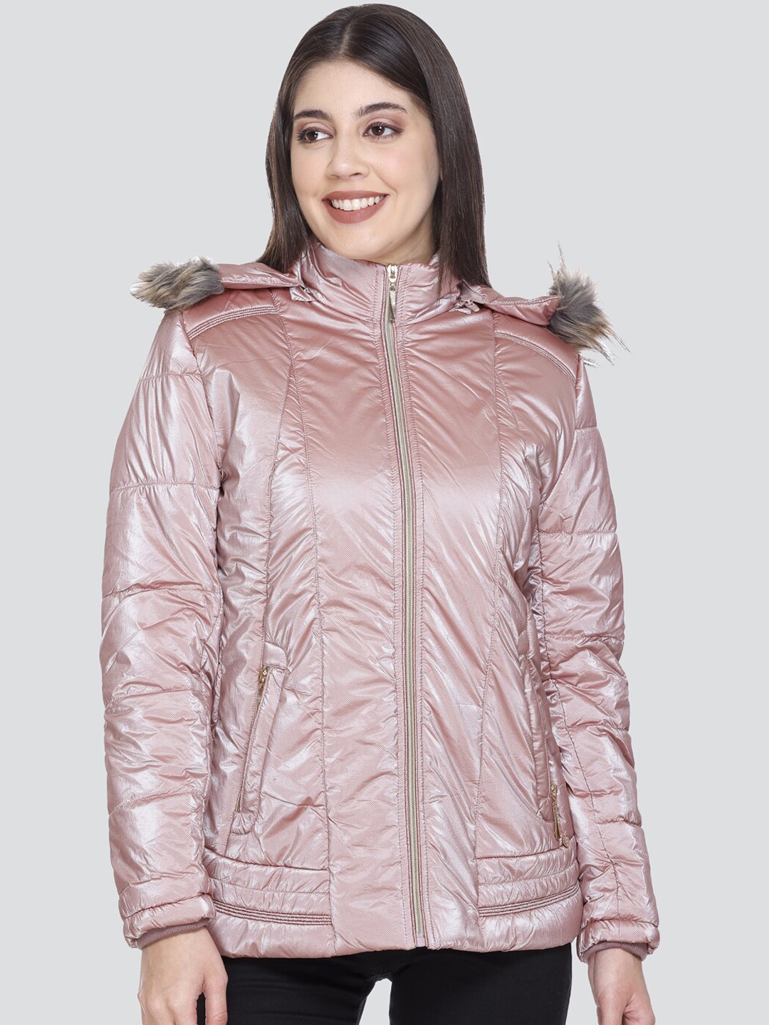 

PEPLS Long Sleeves Hooded Faux Fur Trim Padded Jacket, Peach