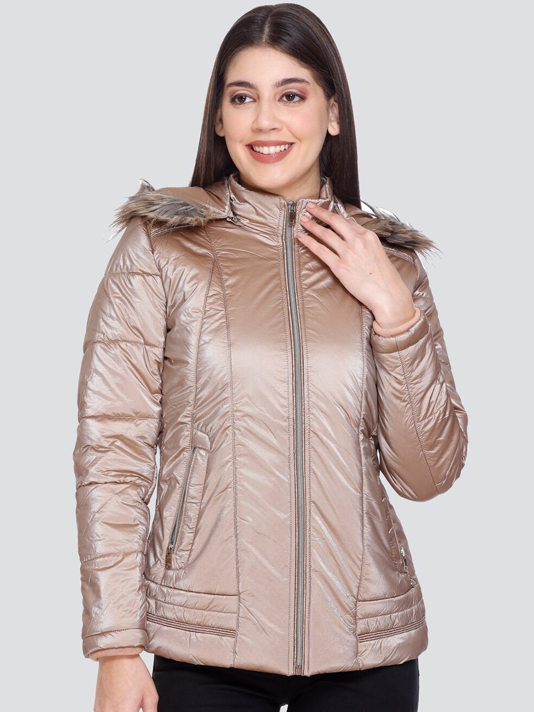 

PEPLS Long Sleeves Hooded Faux Fur Trim Padded Jacket, Copper
