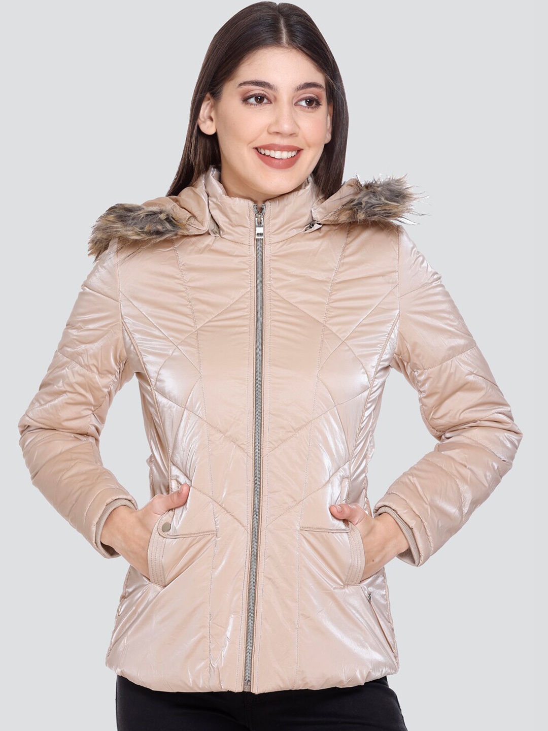 

PEPLS Long Sleeves Hooded Faux Fur Trim Padded Jacket, Beige