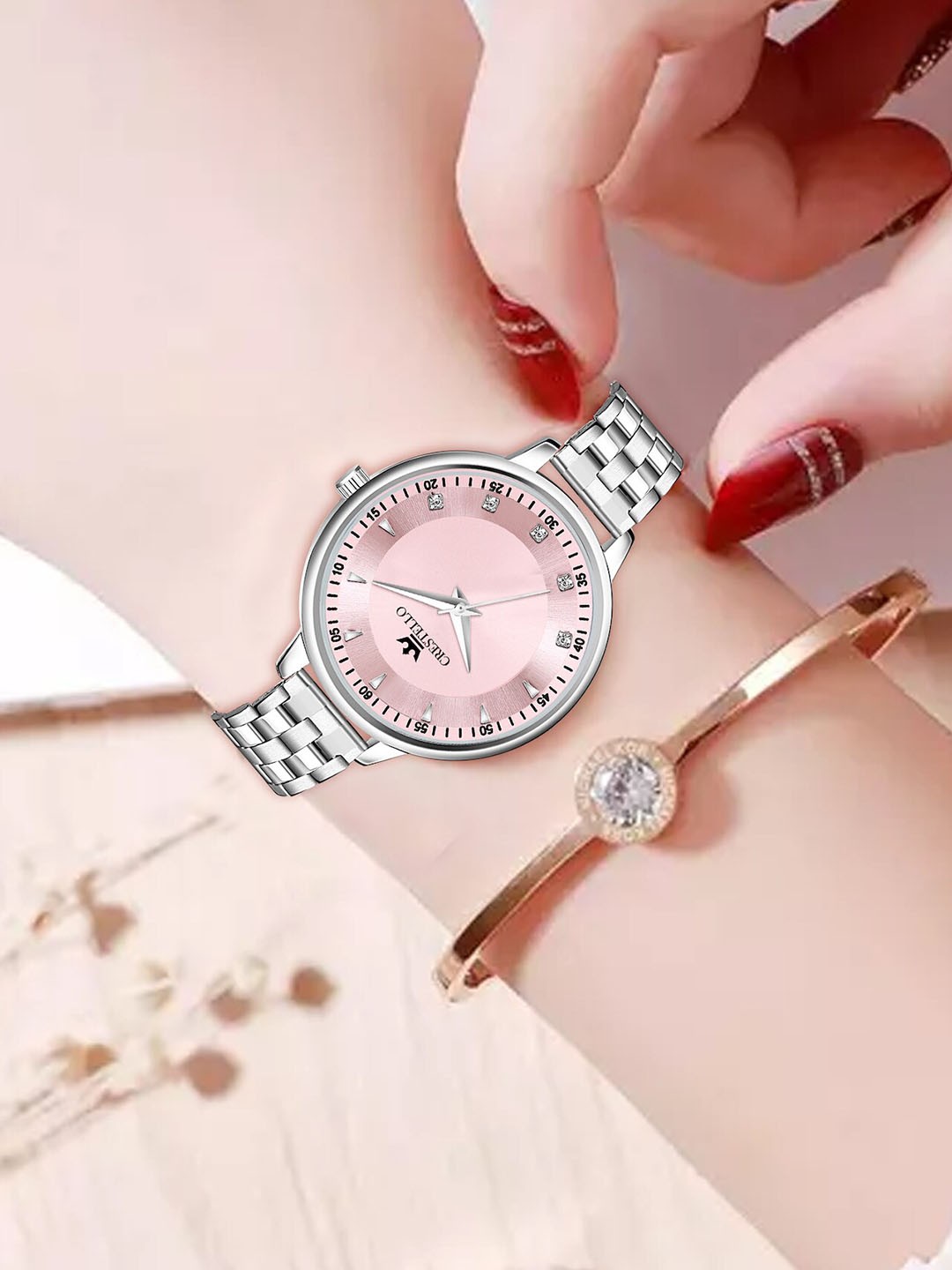 

CRESTELLO Women Stainless Steel Straps Analogue Watch CR-L138-PNK-CH, Pink