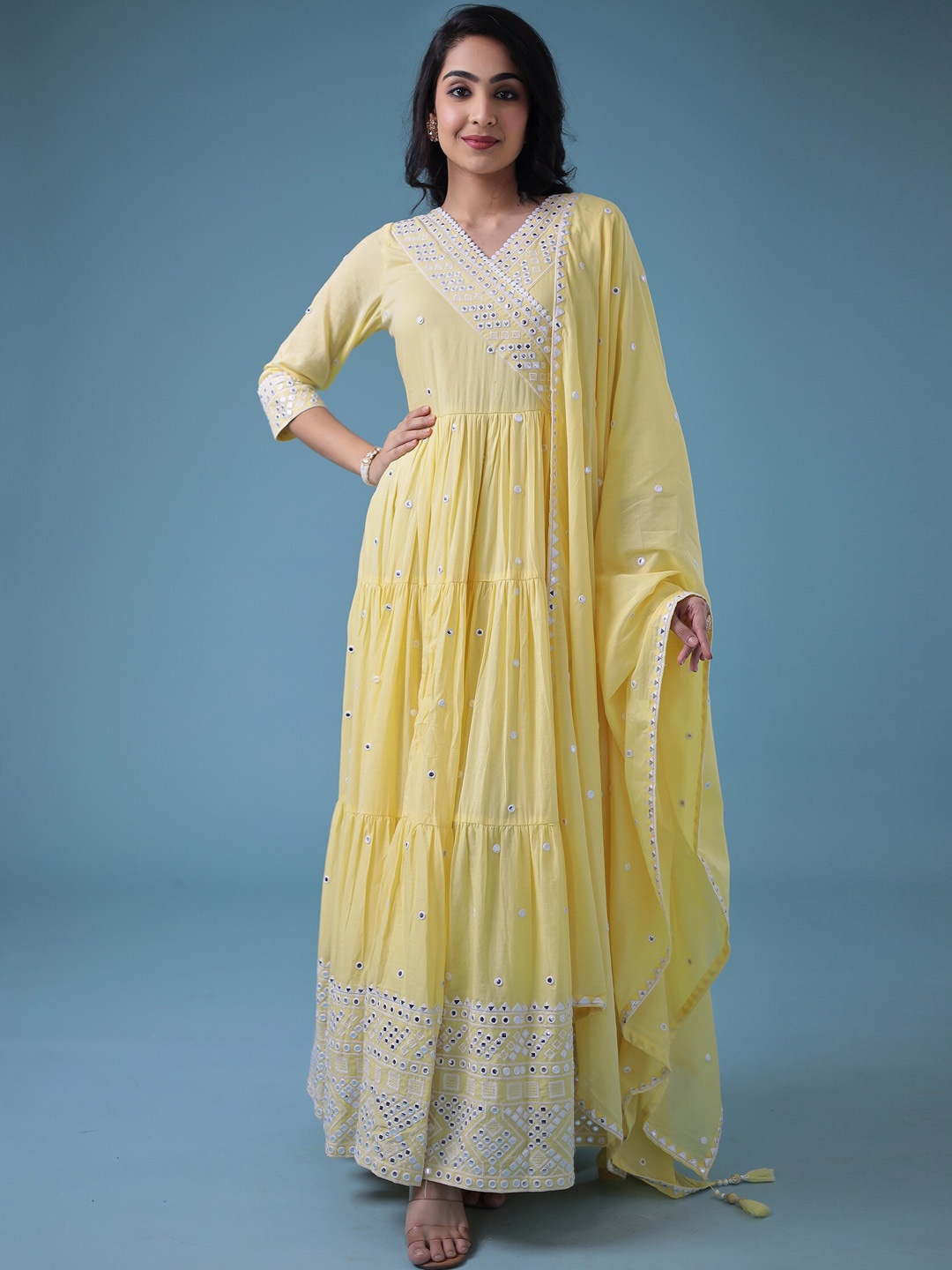 

ZARI Embellished Mirror Work Cotton Maxi Ethnic Dress With Dupatta, Yellow