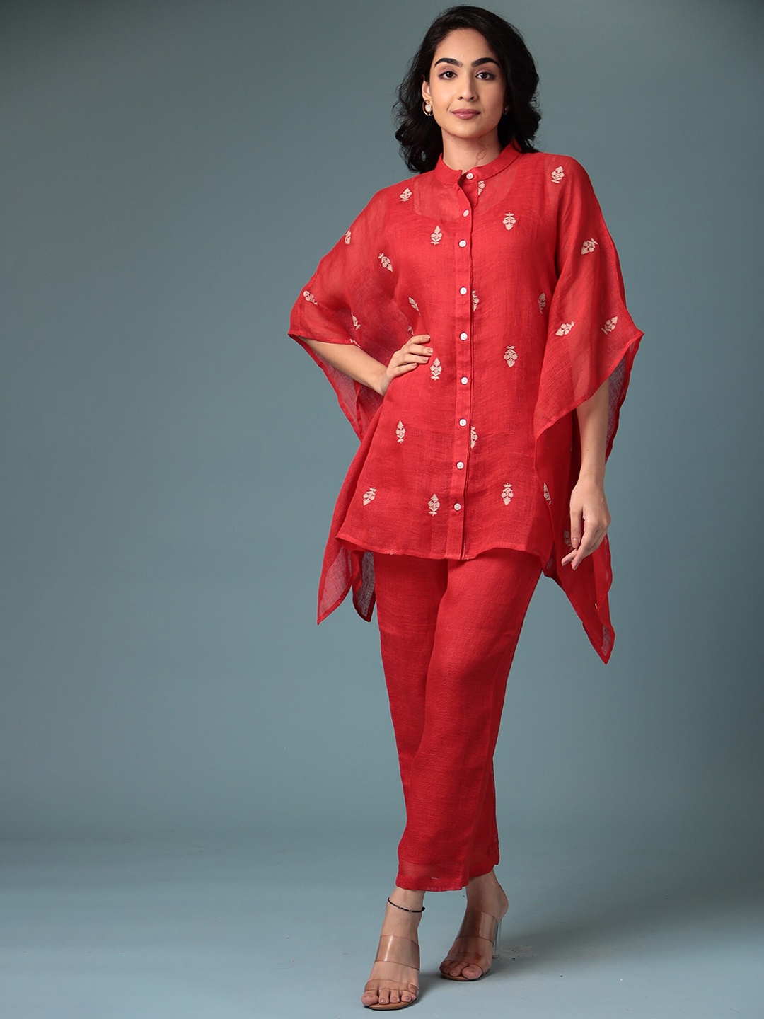 

ZARI Embroidered Mandarin Collar Extended Sleeves Pure Cotton Kaftan Top with Trouser, Red