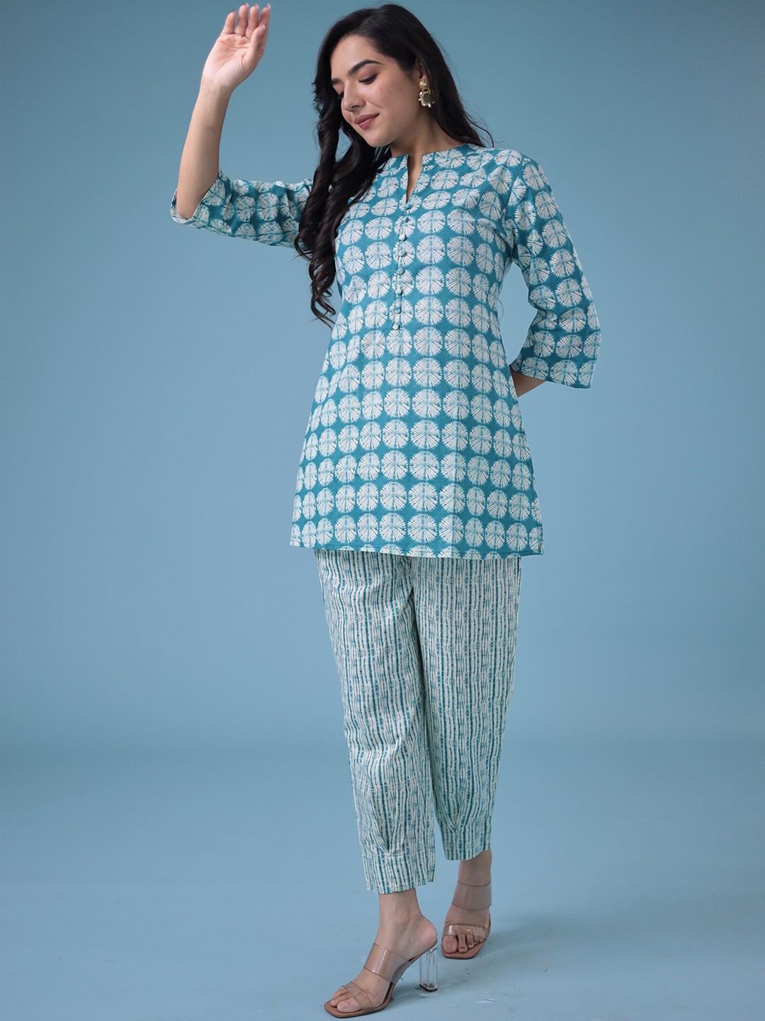 

ZARI Printed Pure Cotton Top with Trouser, Blue