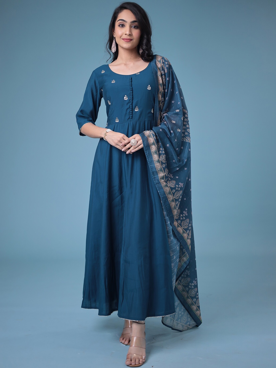 

ZARI Floral Embroidered Thread Work Cotton Silk Kurta With Trouser & Dupatta, Blue