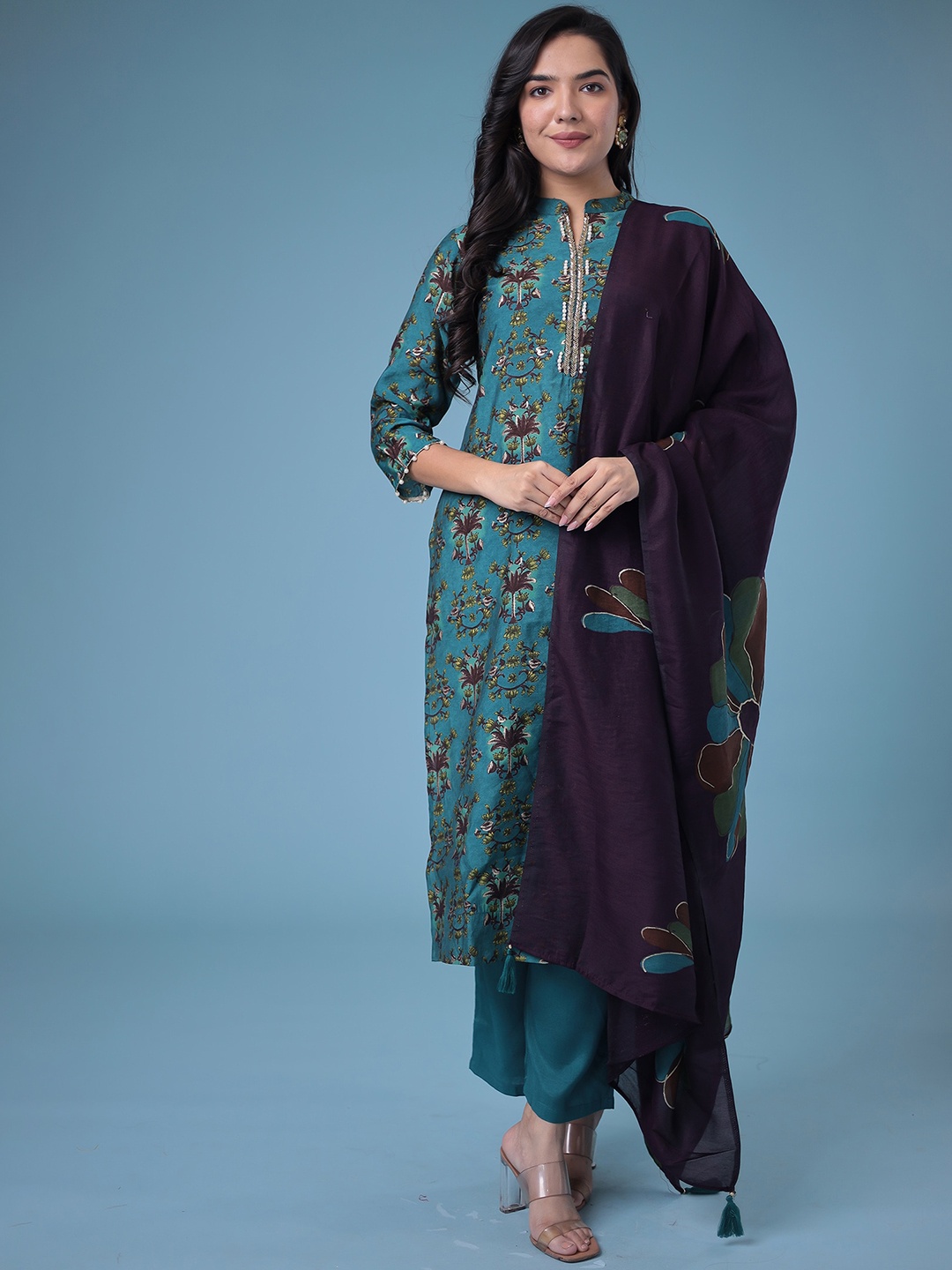 

ZARI Floral Printed Beads and Stones Cotton Silk Kurta With Trouser & Dupatta, Green