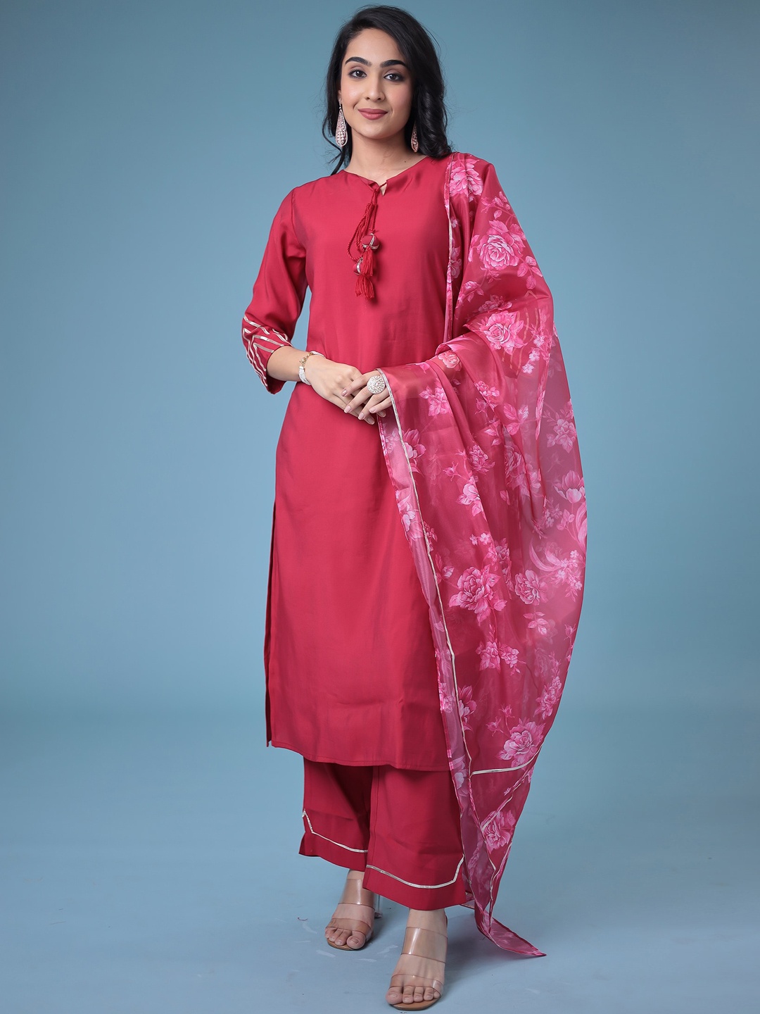 

ZARI Tie-Up Neck Gotta Patti Cotton Silk Kurta With Trouser & Dupatta, Red