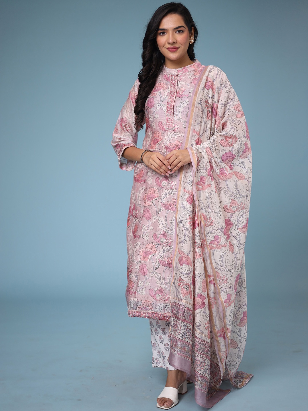 

ZARI Floral Printed Beads and Stones Cotton Silk Kurta With Trouser & Dupatta, Pink
