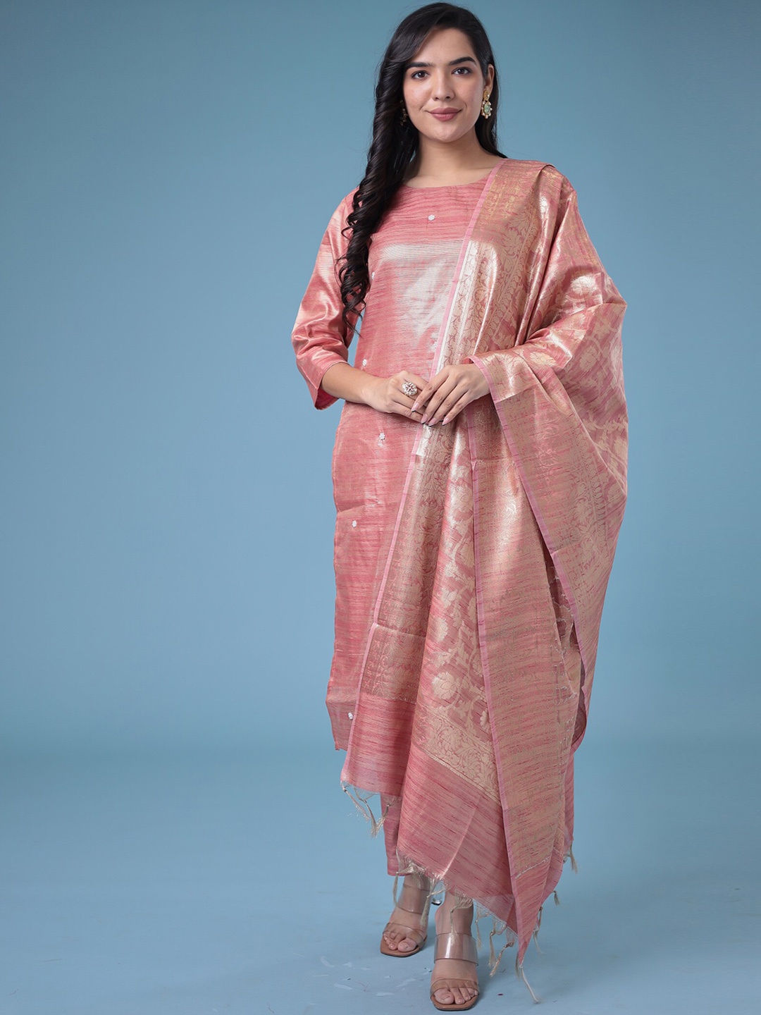 

ZARI Striped Woven Design Zari Cotton Silk Kurta With Trouser & Dupatta, Pink