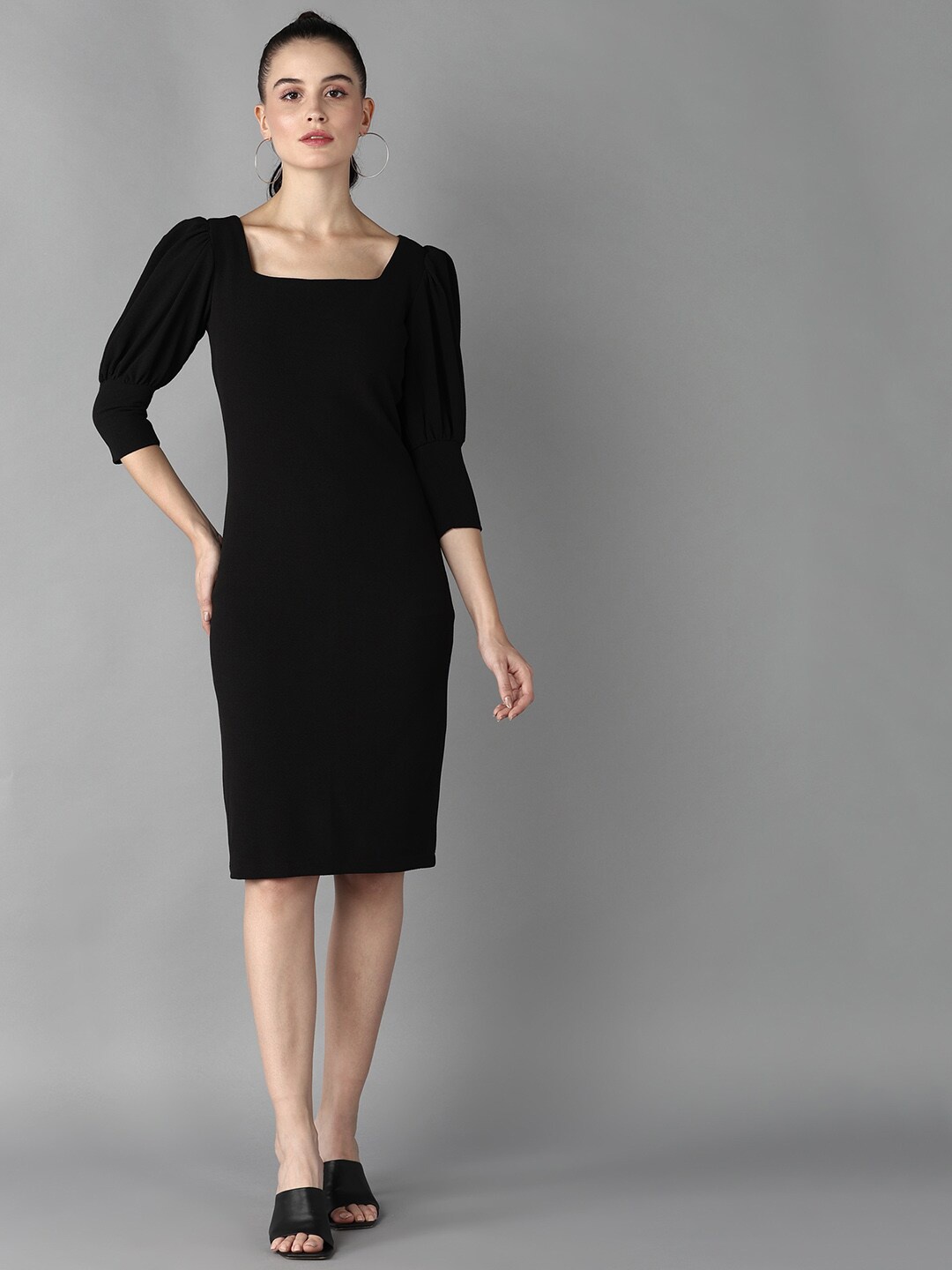 

The Roadster Lifestyle Co. Black Square Neck Puff Sleeves Sheath Dress