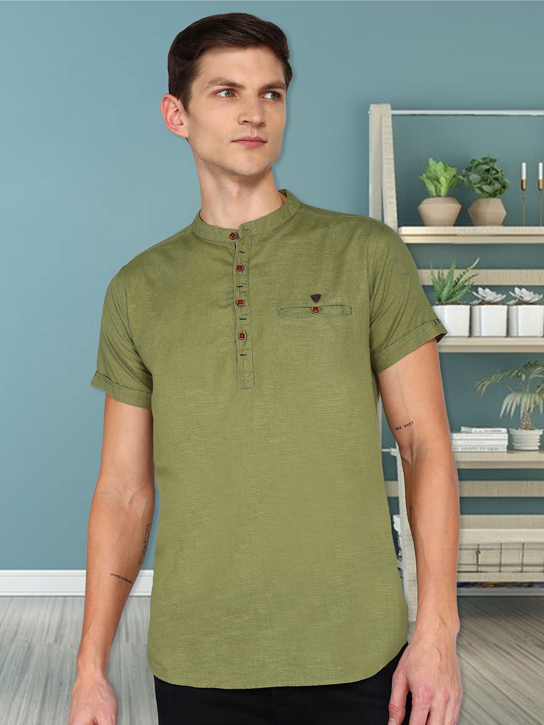 

Kuons Avenue Linen Cotton Mandarin Collar Regular Sleeve Pathani Short Straight Kurta, Olive