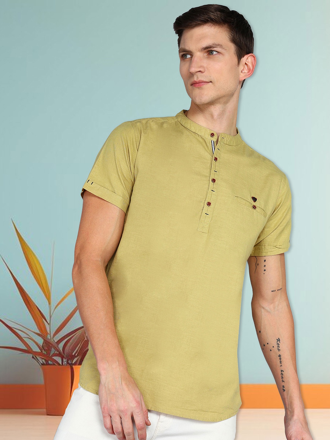 

Kuons Avenue Linen Cotton Mandarin Collar Regular Sleeve Pathani Short Straight Kurta, Khaki