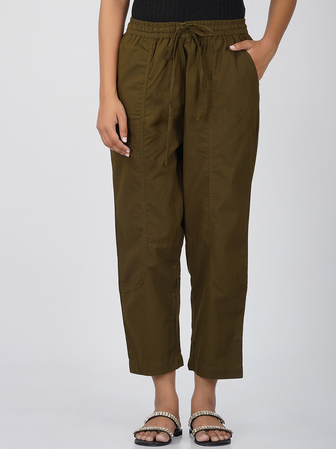 

SPARSA Women Relaxed Loose Fit Easy Wash Pleated Trousers, Olive