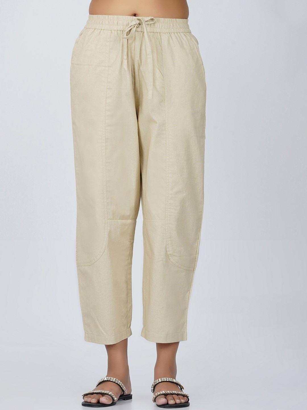 

SPARSA Women Relaxed Loose Fit Easy Wash Pleated Trousers, Beige