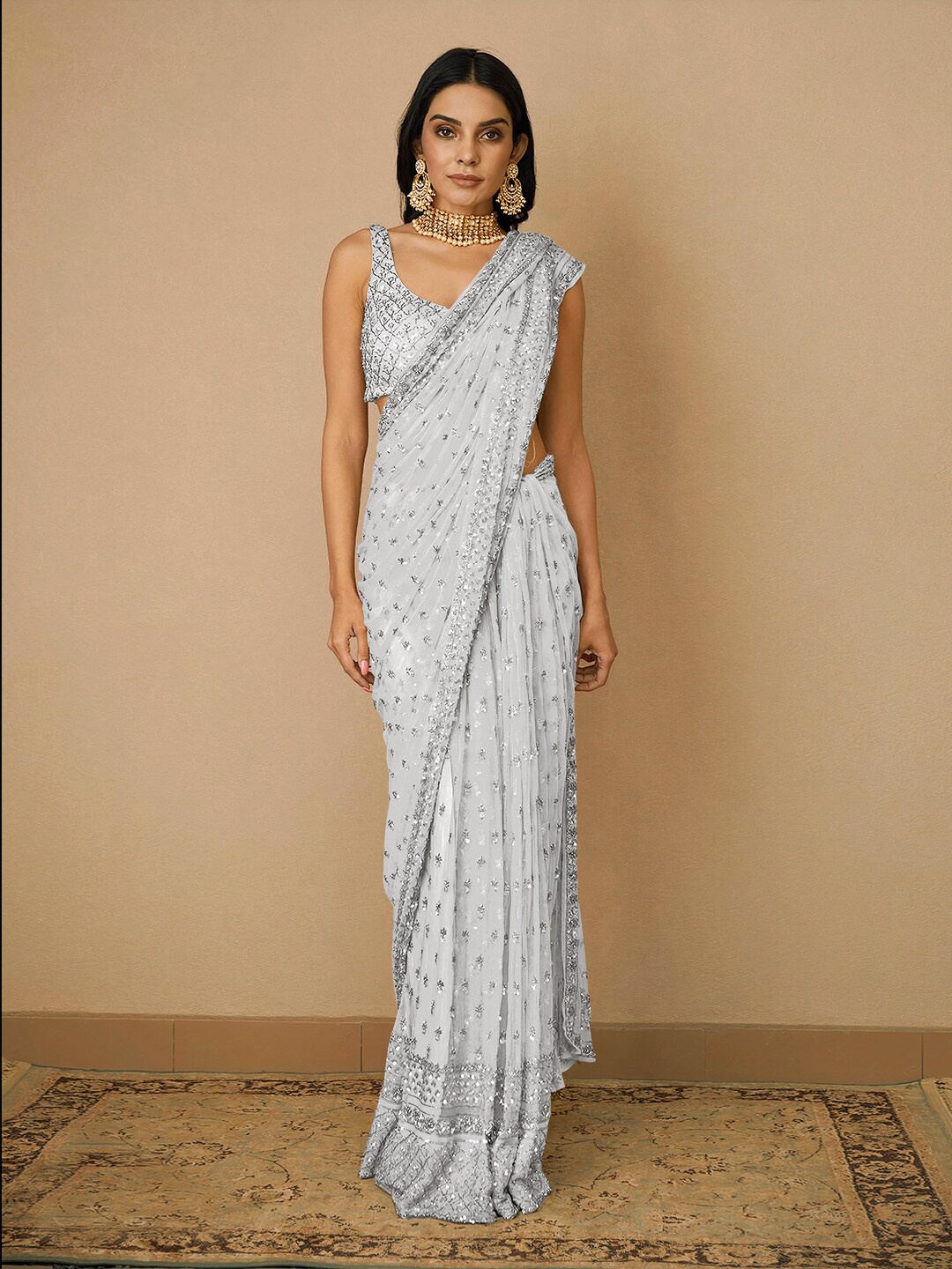 

Angroop Embellished Sequinned Net Saree, Silver
