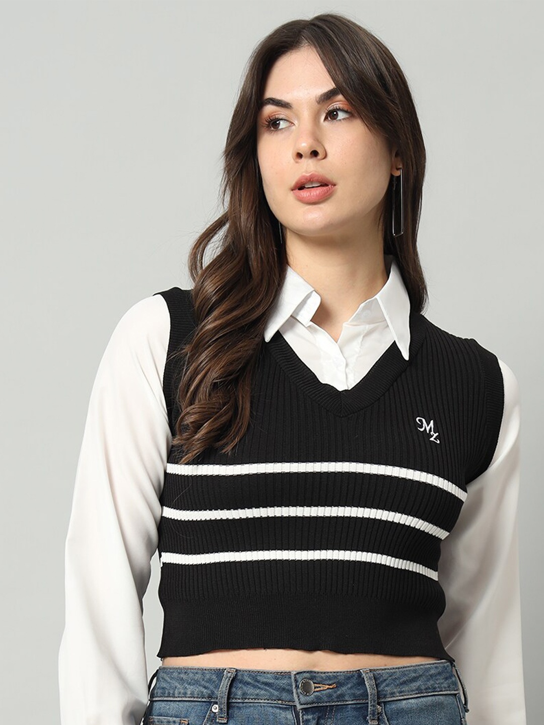

BROOWL Striped Cropped Woollen Shirt With Attached Sweater, Black