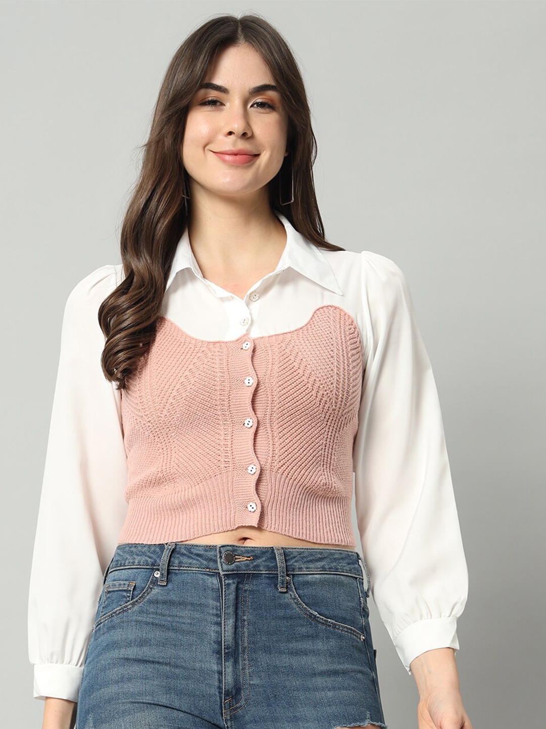 

BROOWL Self Designed Cropped Woollen Shirt With Attached Sweater, Pink