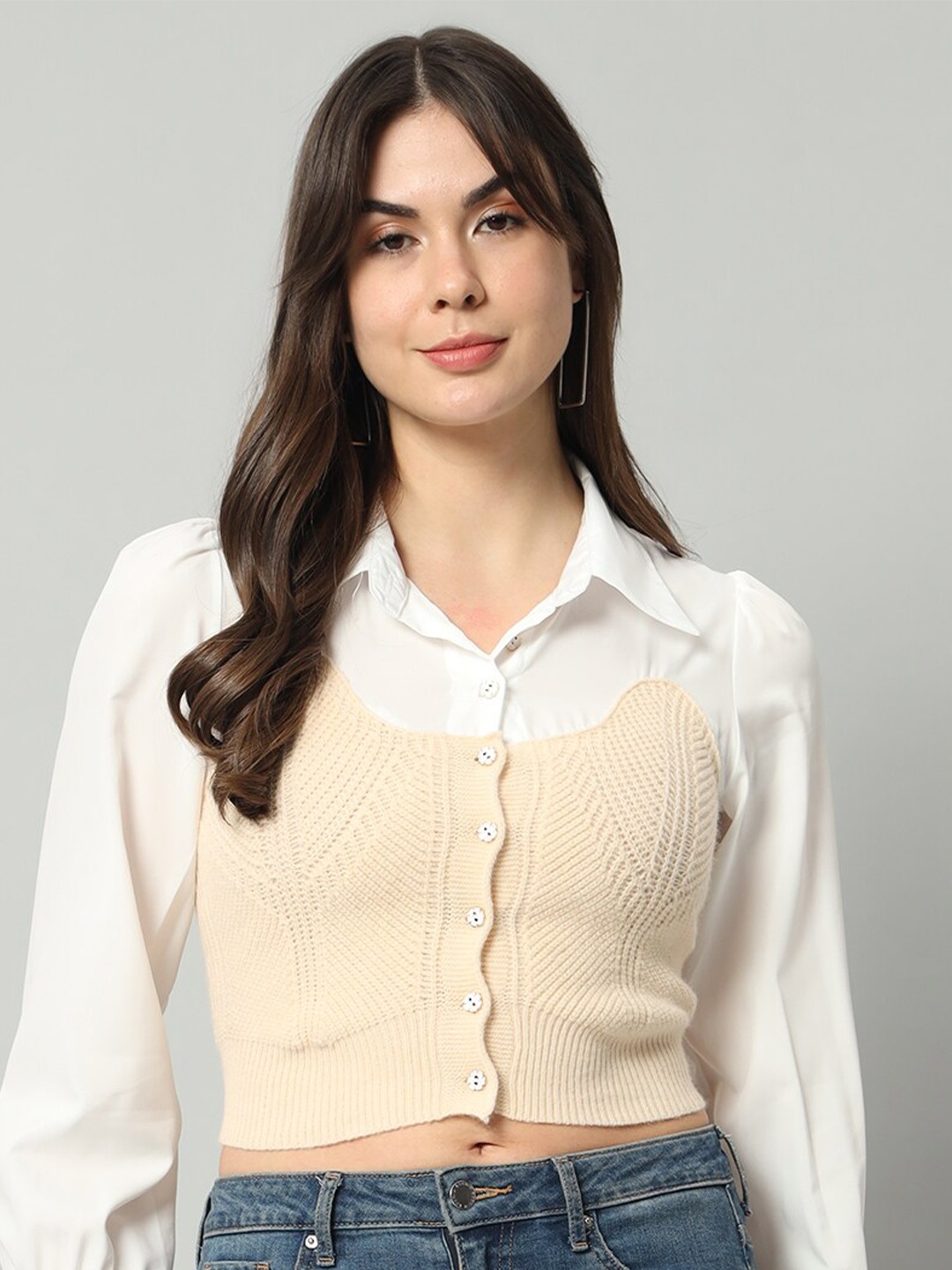 

BROOWL Self Designed Woollen Cropped Shirt With Attached Sweater, Beige