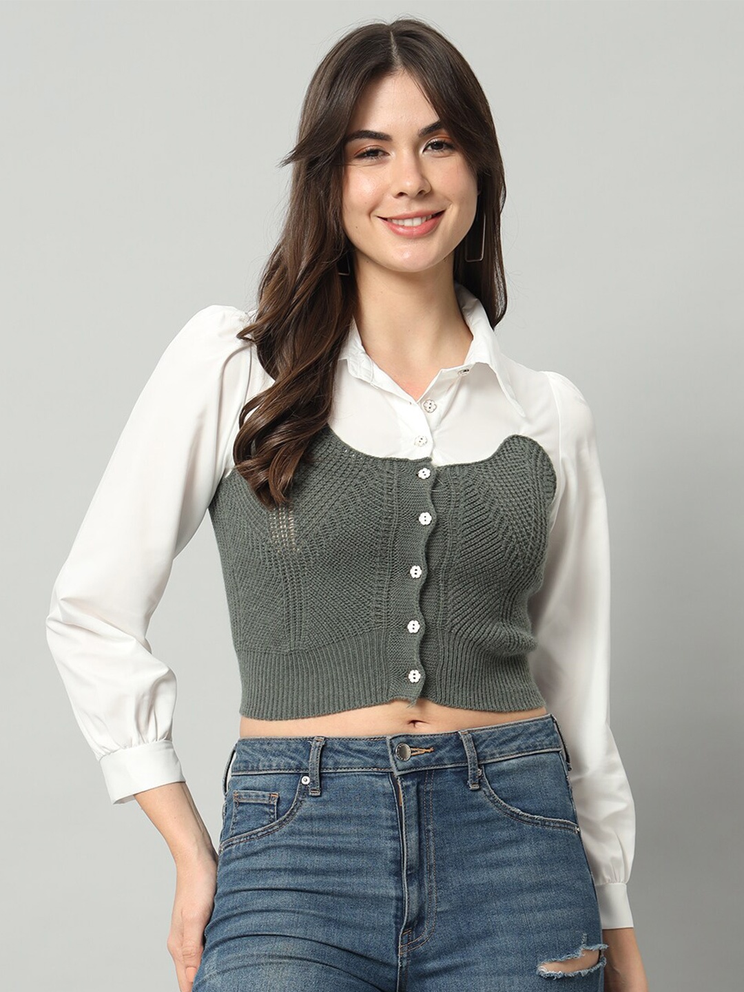 

BROOWL Self Designed Cropped Woollen Shirt With Attached Sweater, Green