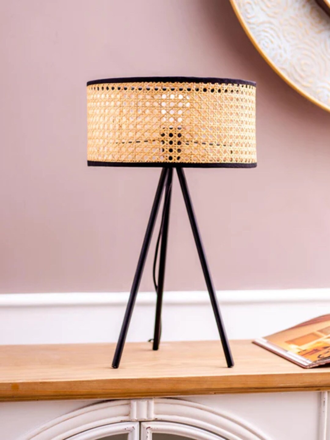 

THEDECORKART Beige & Black Textured Wooden Cylinder Shaped Table Lamps
