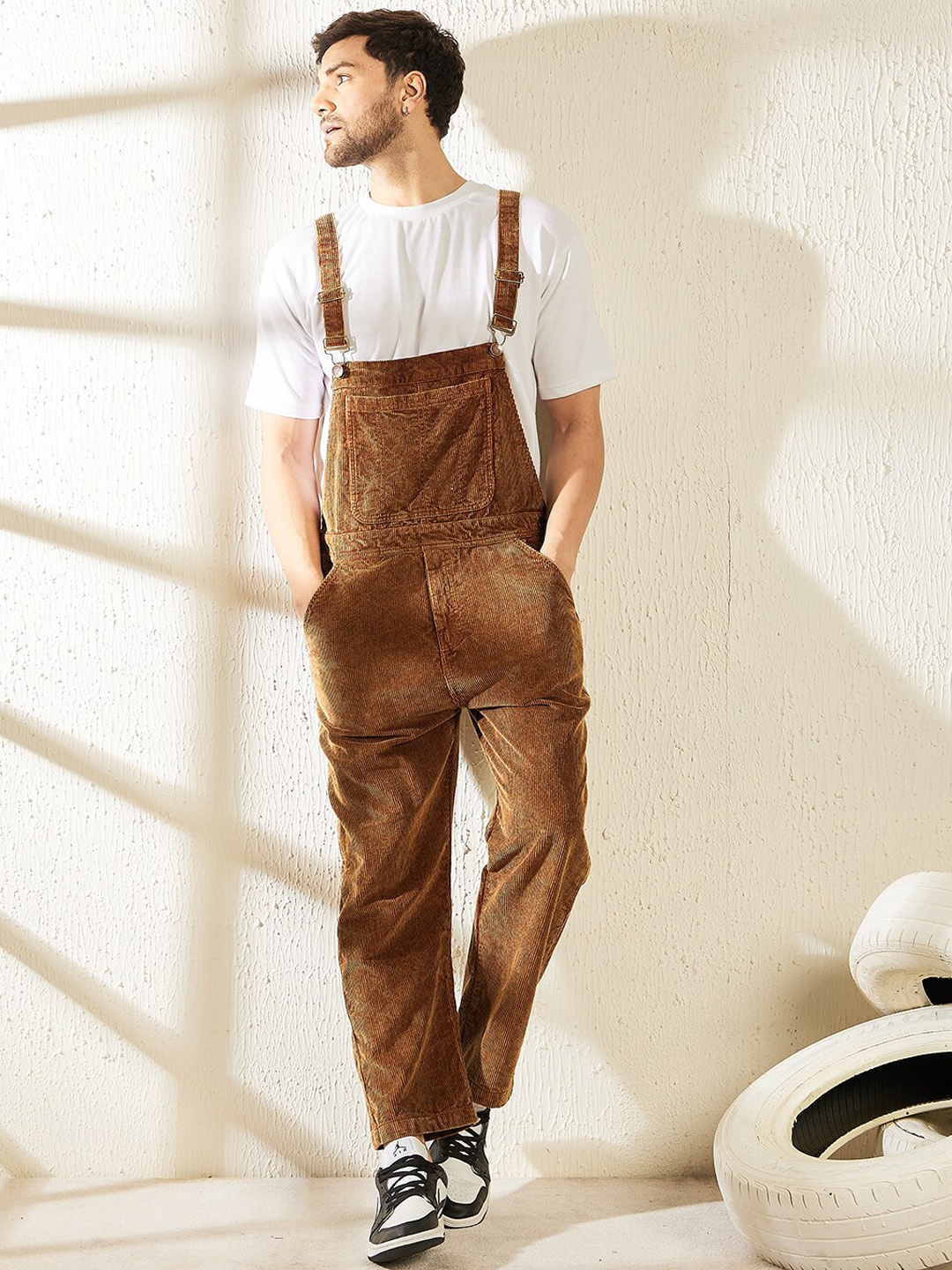 

FUGAZEE Pure Cotton Corduroy Baggy Dungaree, Camel brown