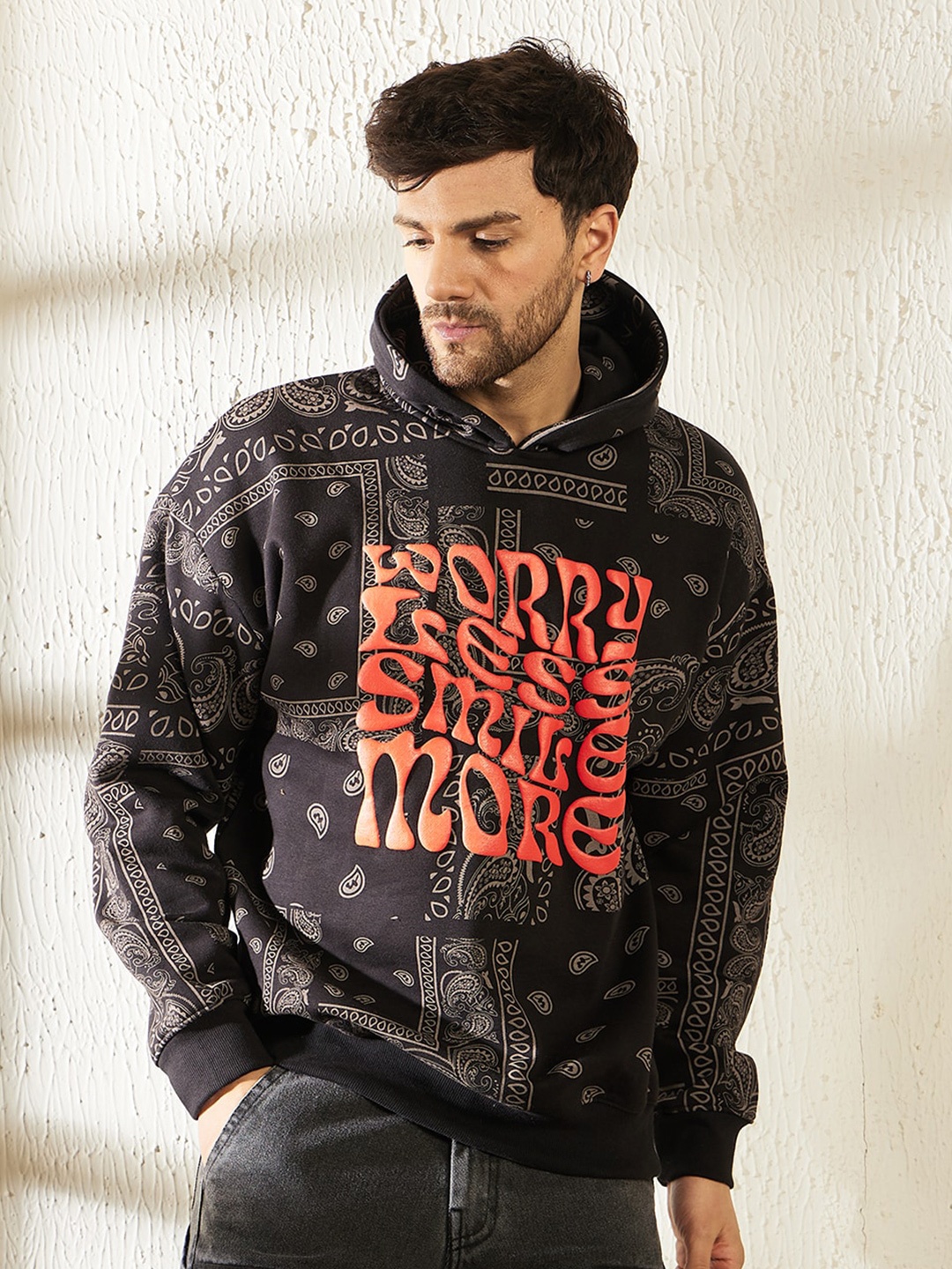 

FUGAZEE Black Typographic Printed Hooded Cotton Oversized Sweatshirt