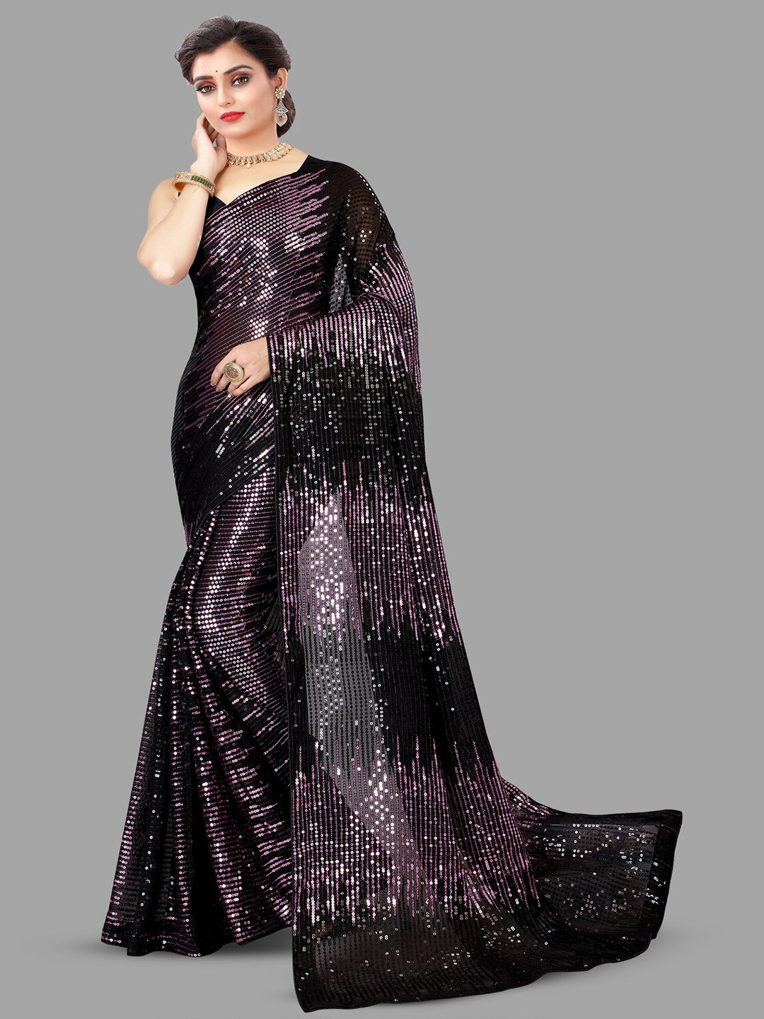

B Bella Creation Embellished Sequinned Saree, Black